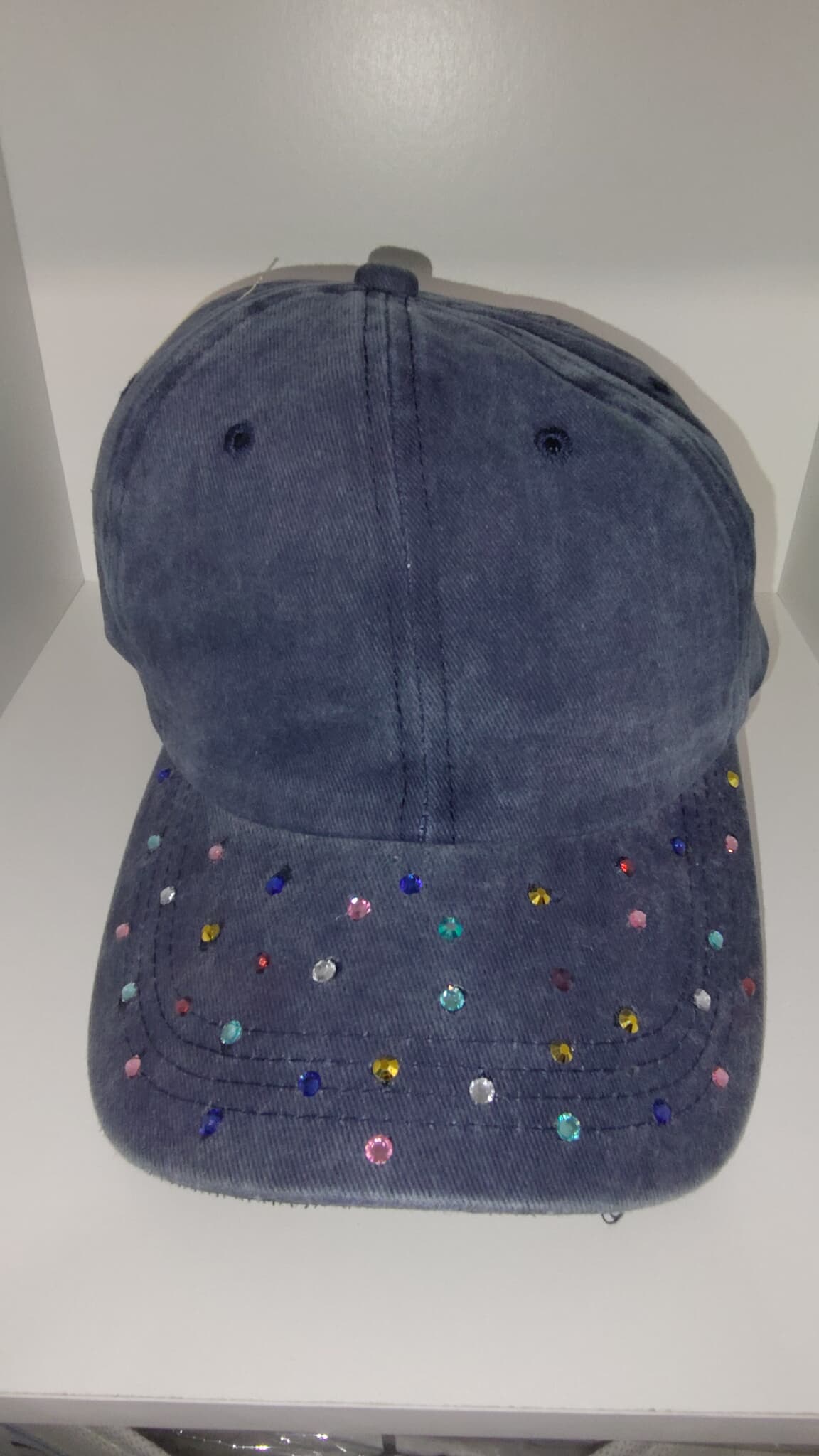 Blue Denim Cap with Colorful Rhinestones **