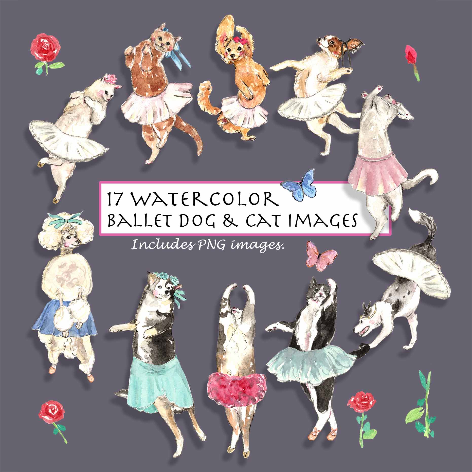Ballet Dog and Cat Digital Clipart