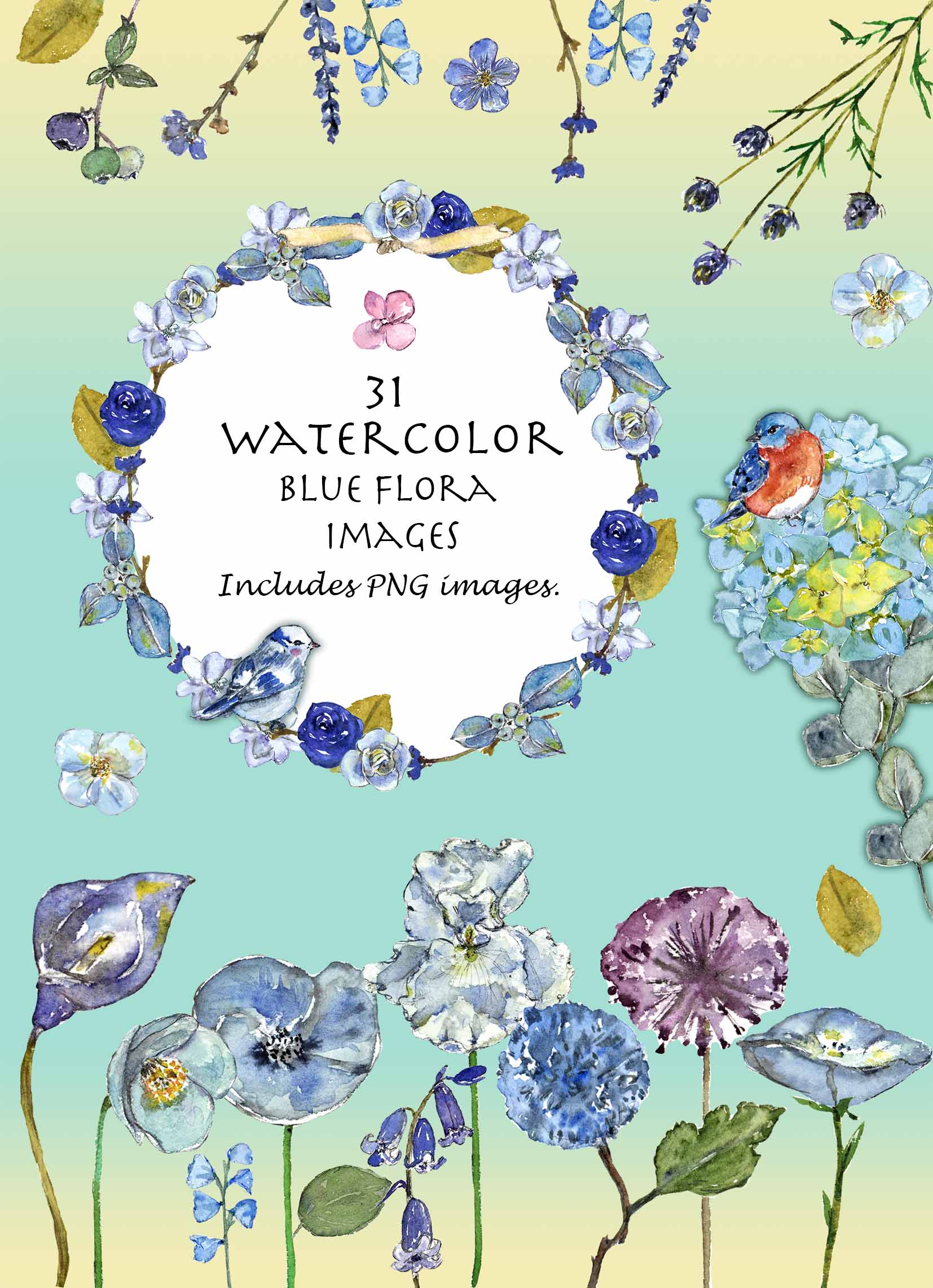 Blue Flora Theme Digital Clipart