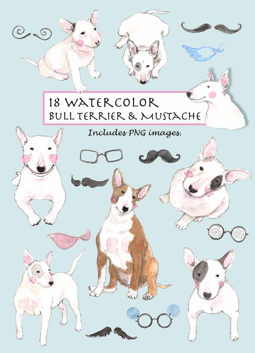 Bull Terrier & Mustache Digital Clipart