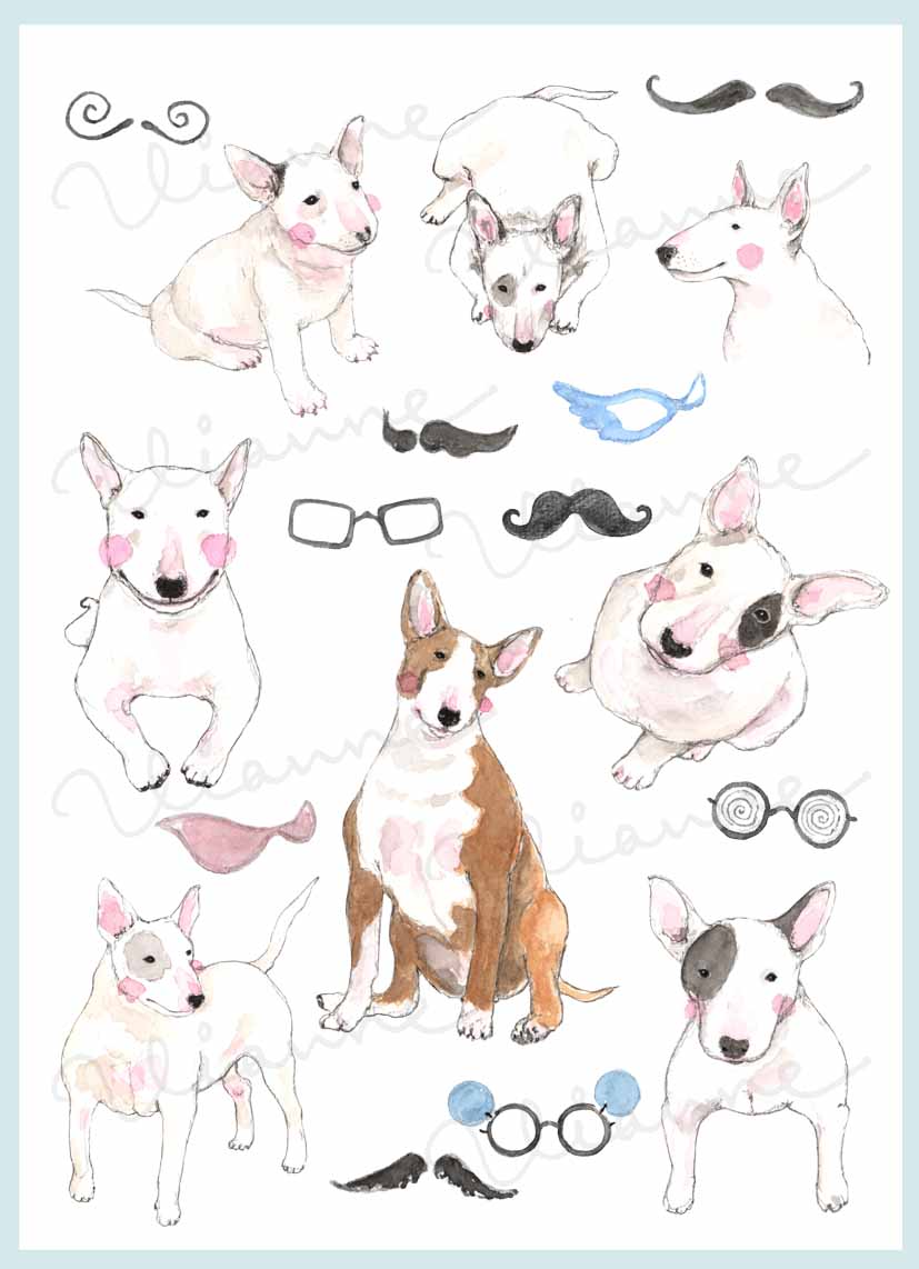 Bull Terrier & Mustache Digital Clipart