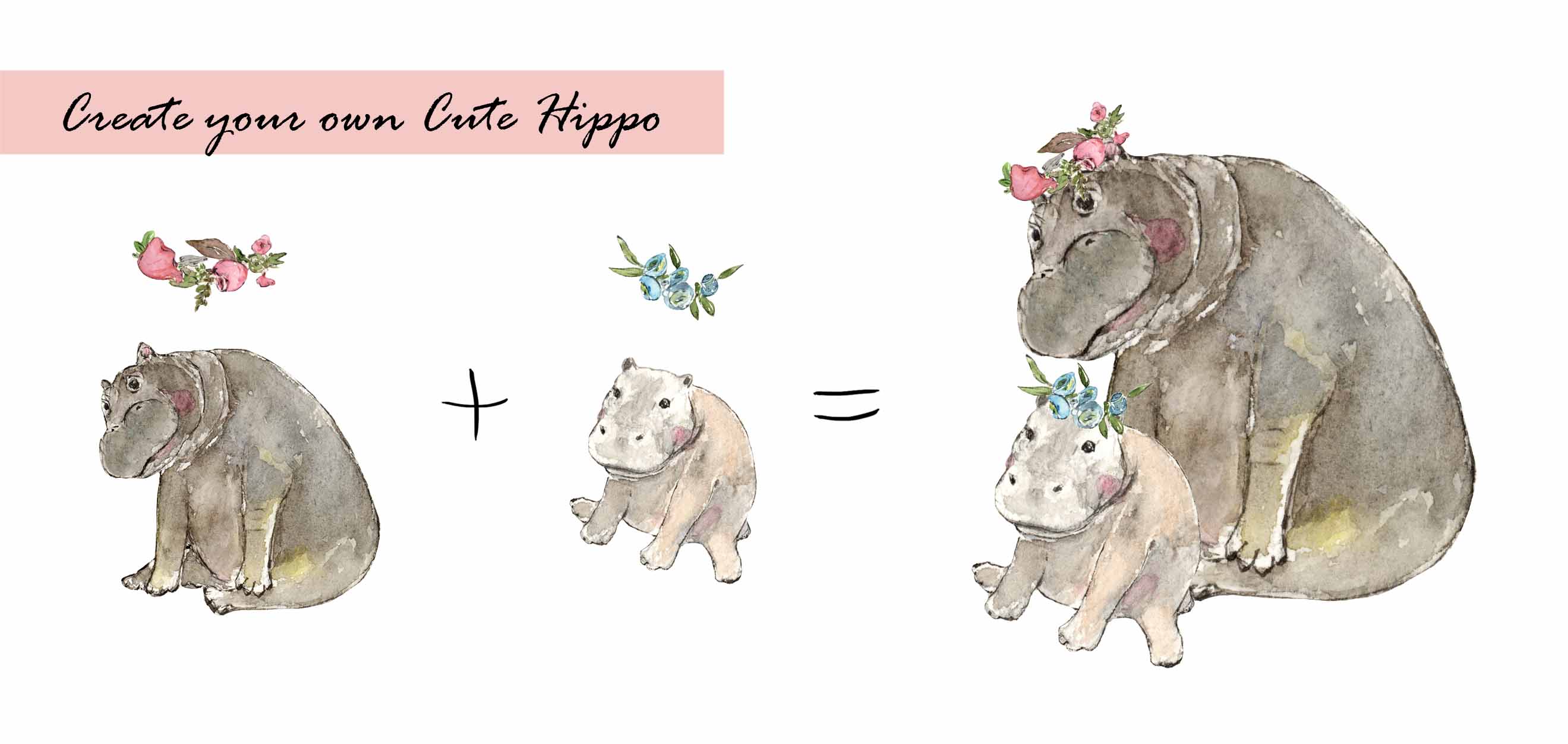 Watercolor Hippo Clipart Set