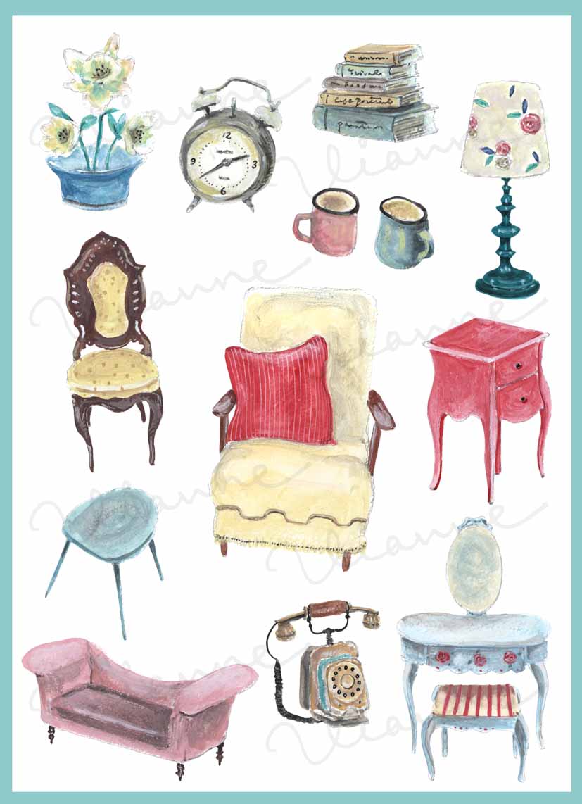Vintage Home Accessories Clipart Set