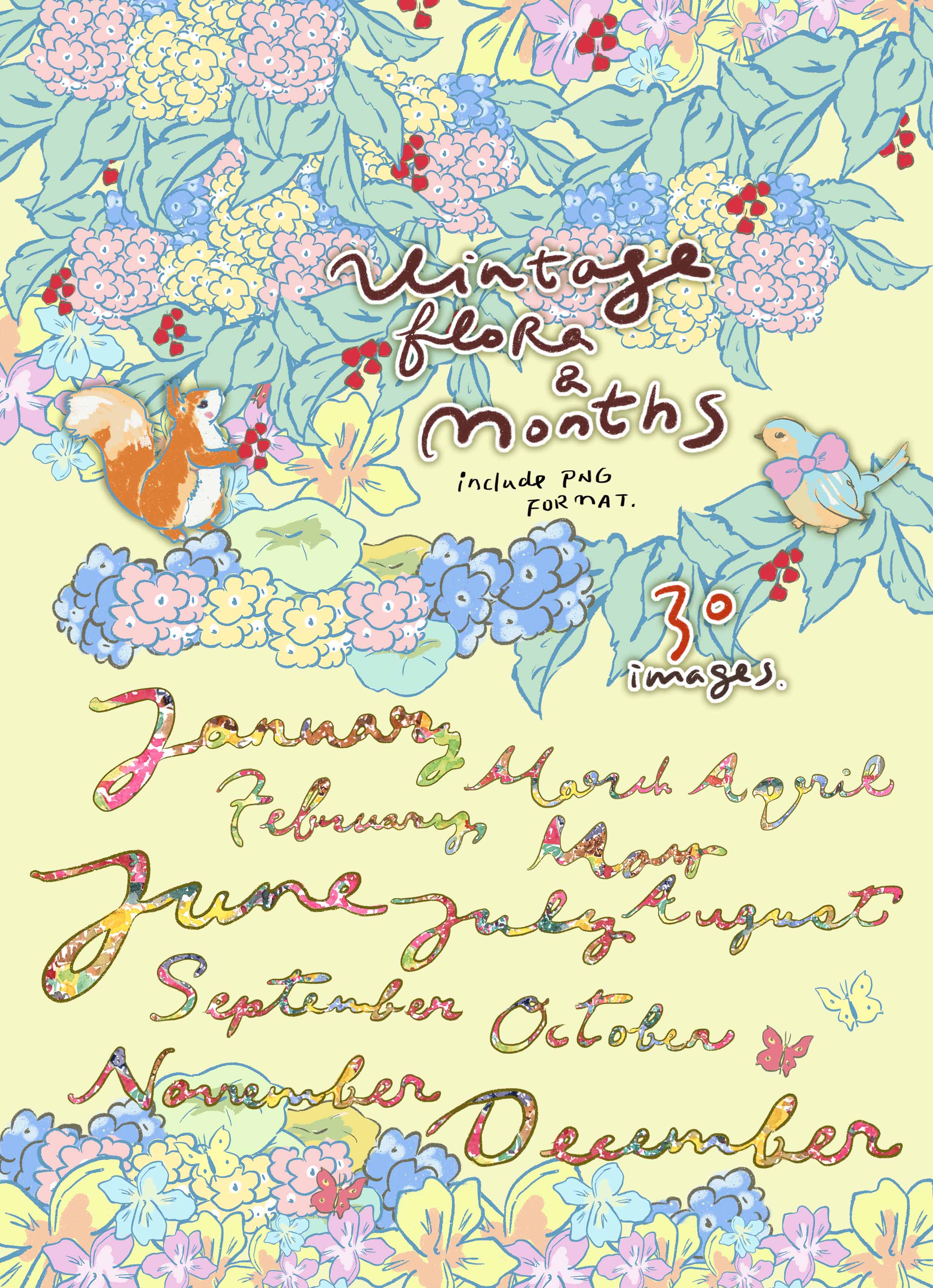 Months & Vintage Flora Clipart Set