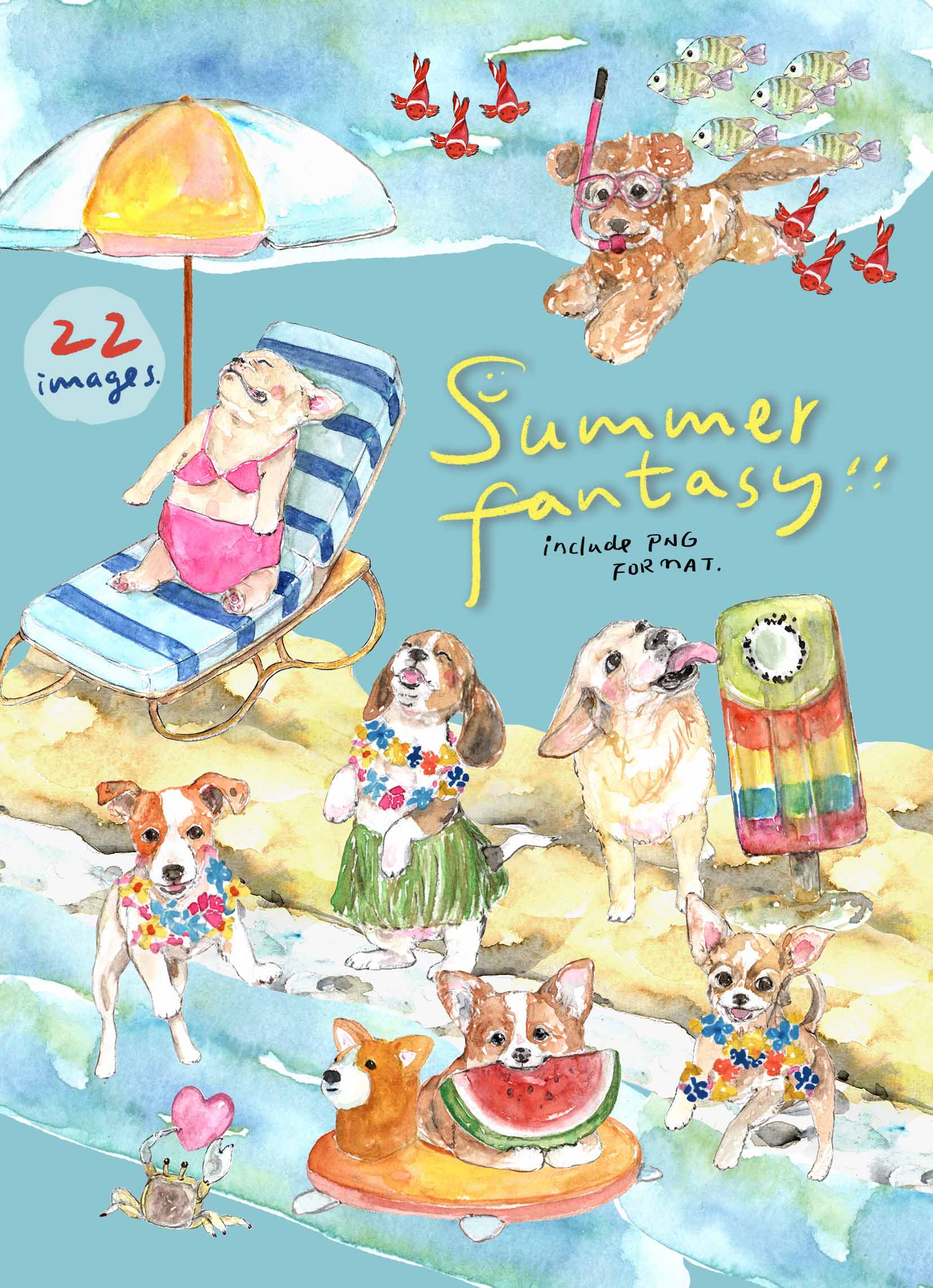 Summer Dogs Fantasy Clipart Set