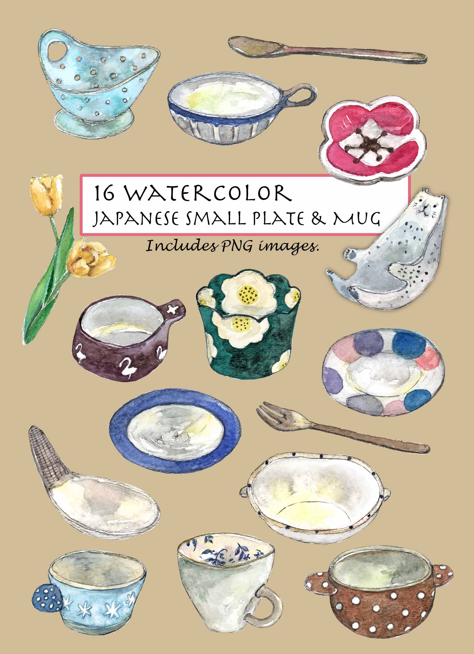 Japanese Small Plates & Mugs Clipart Set