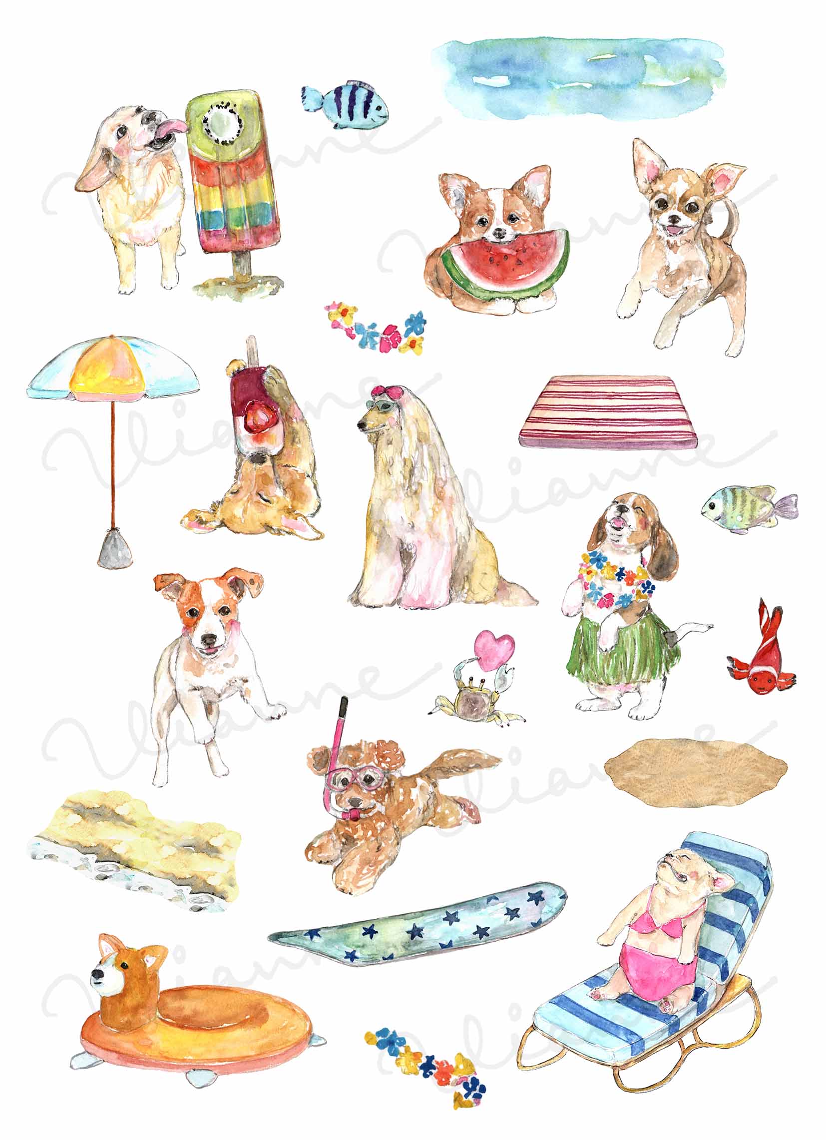 Summer Dogs Fantasy Clipart Set