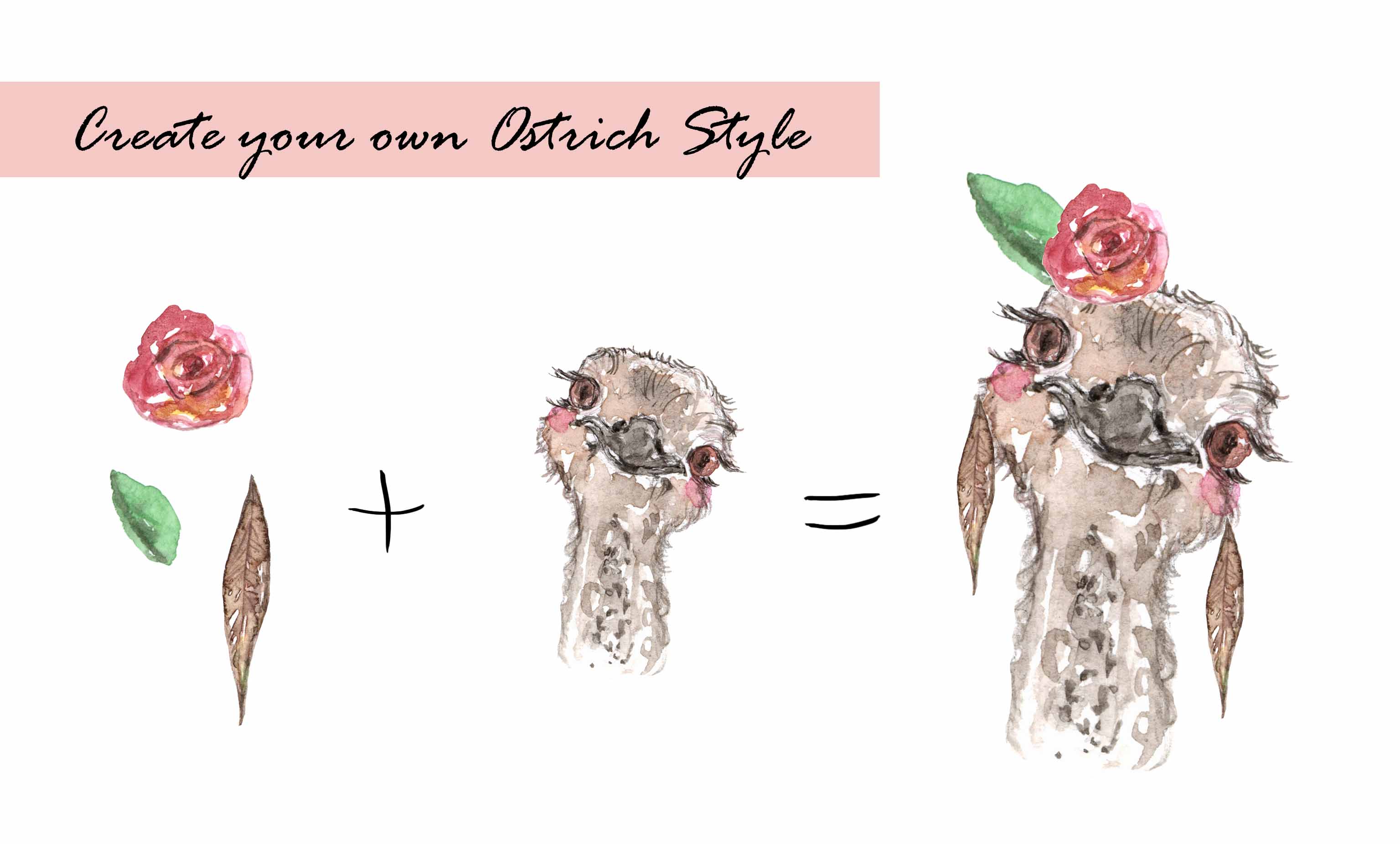 Watercolor Ostrich Clipart Set