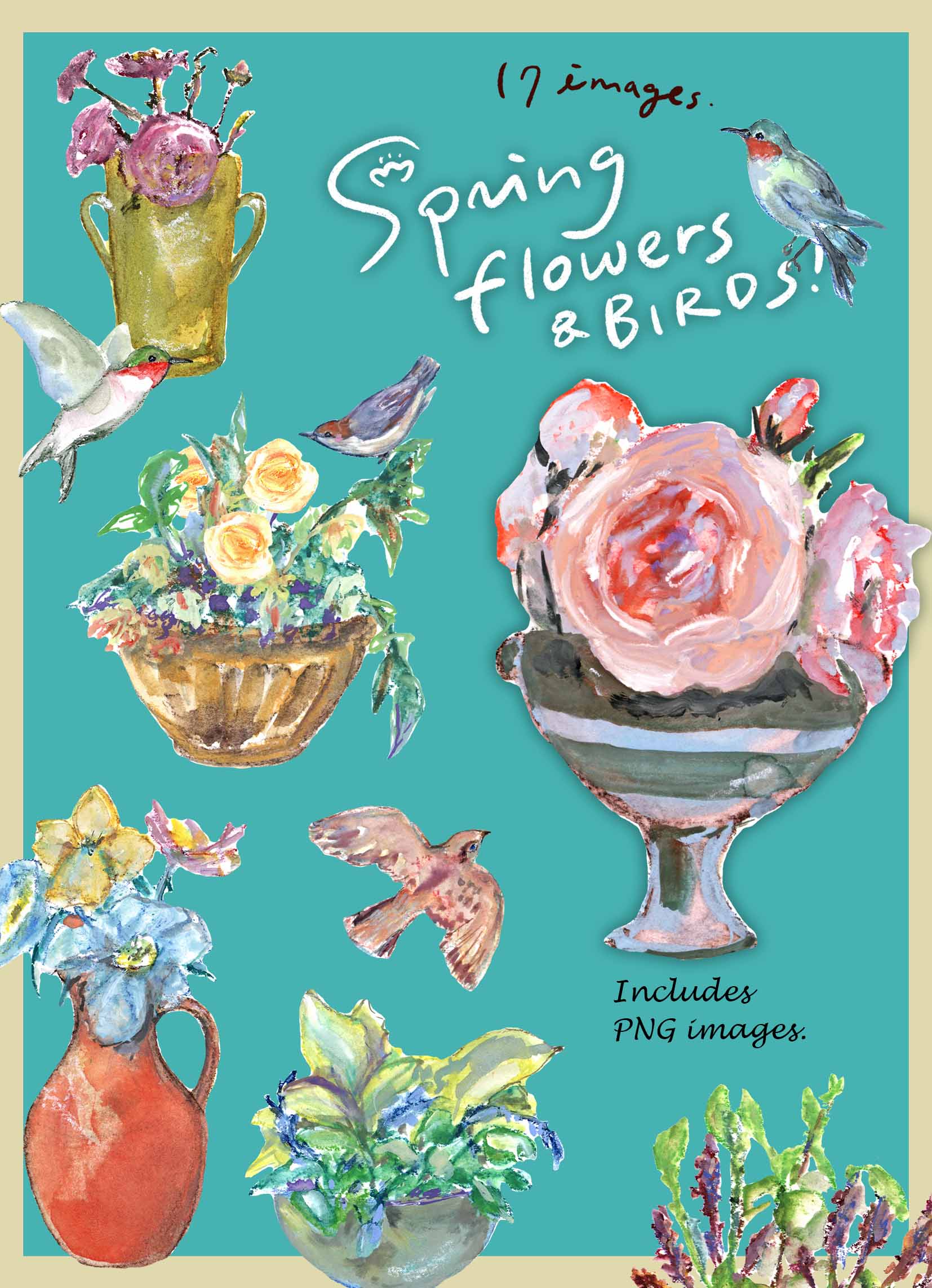 Spring Flowers & Bird Clipart Set