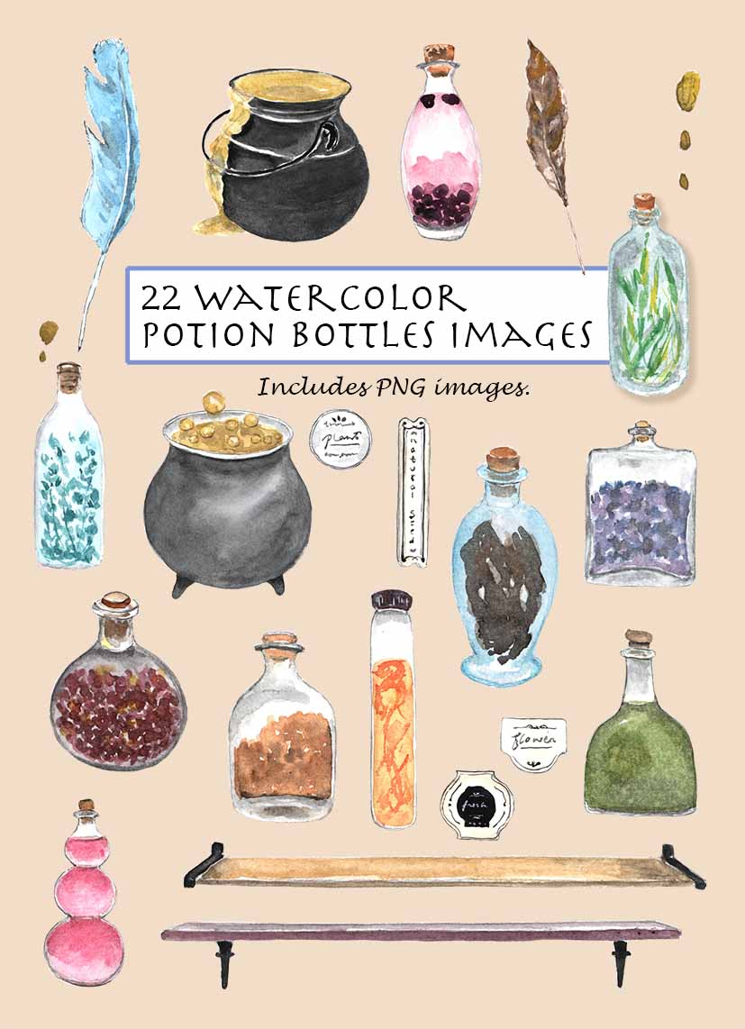 Potion Bottles & Cauldron Clipart Set