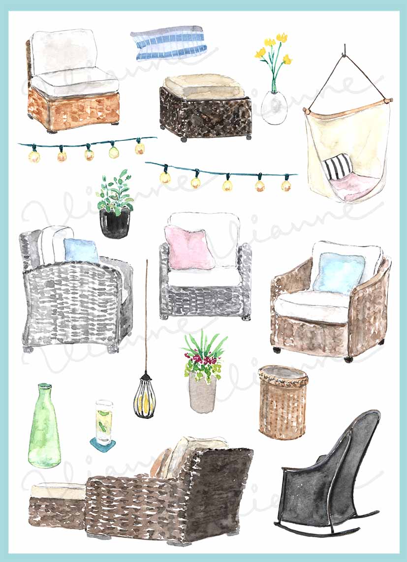 Watercolor Vintage Outdoor Living Clipart Set