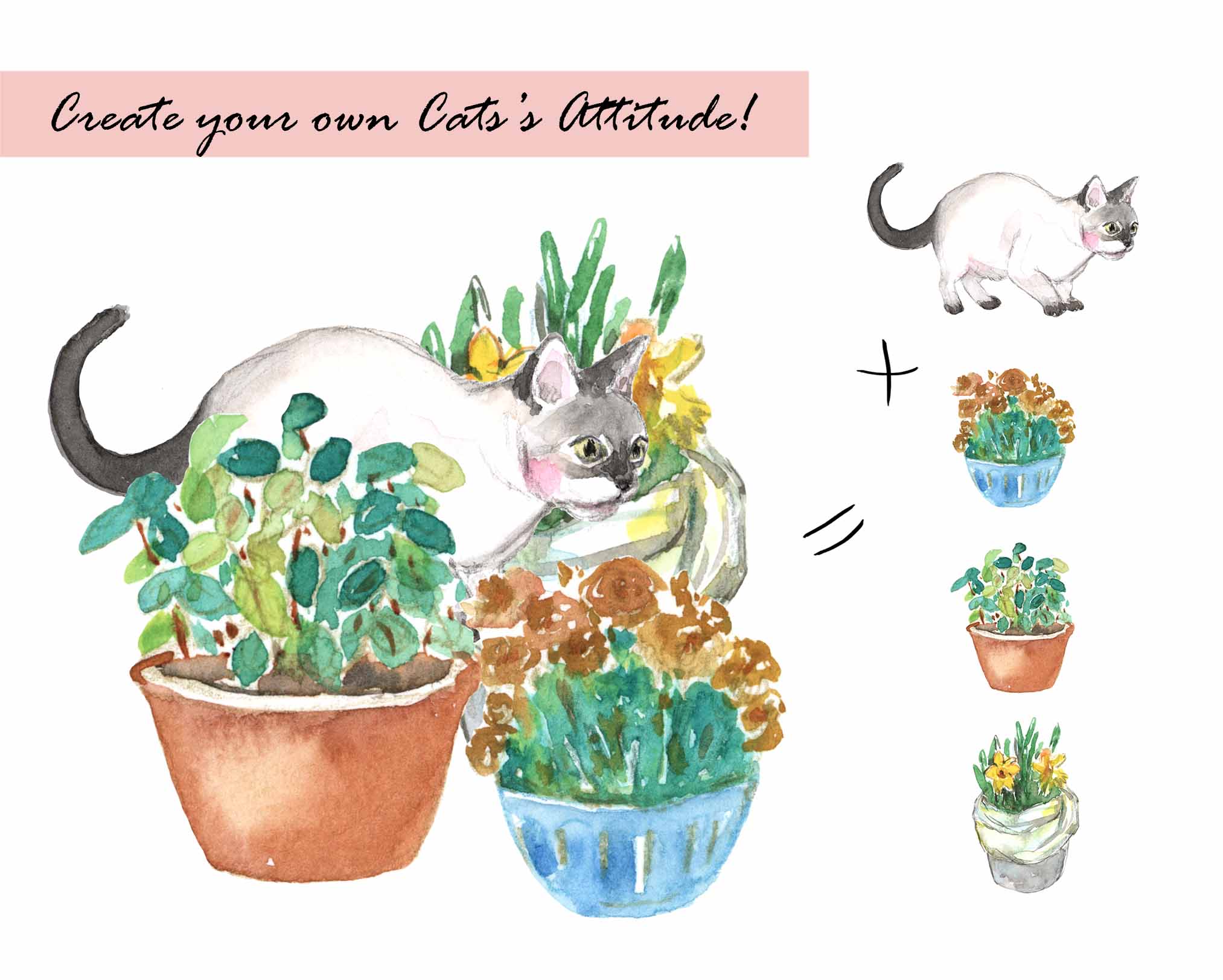 Watercolor Cat's Attitude Set