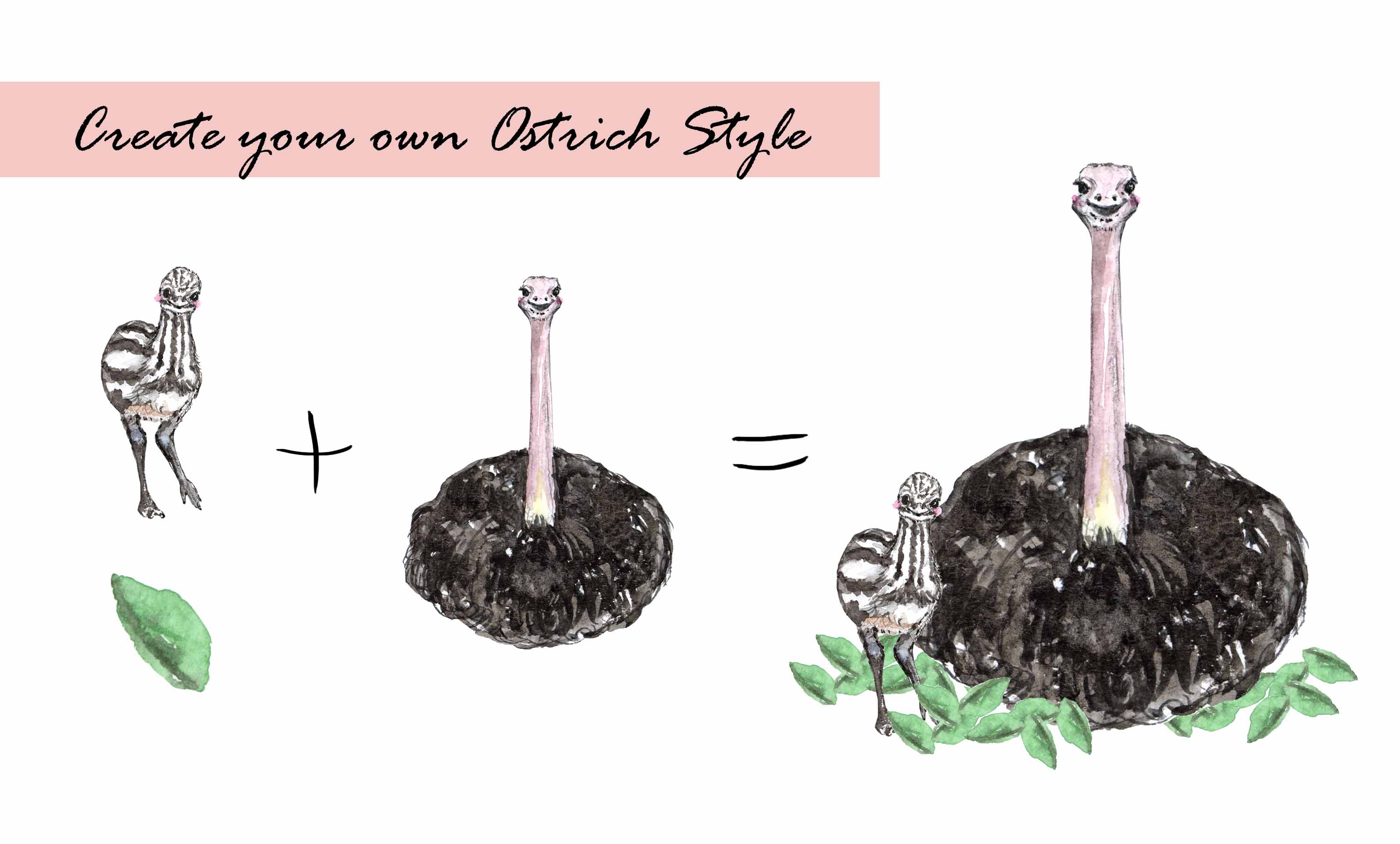 Watercolor Ostrich Clipart Set