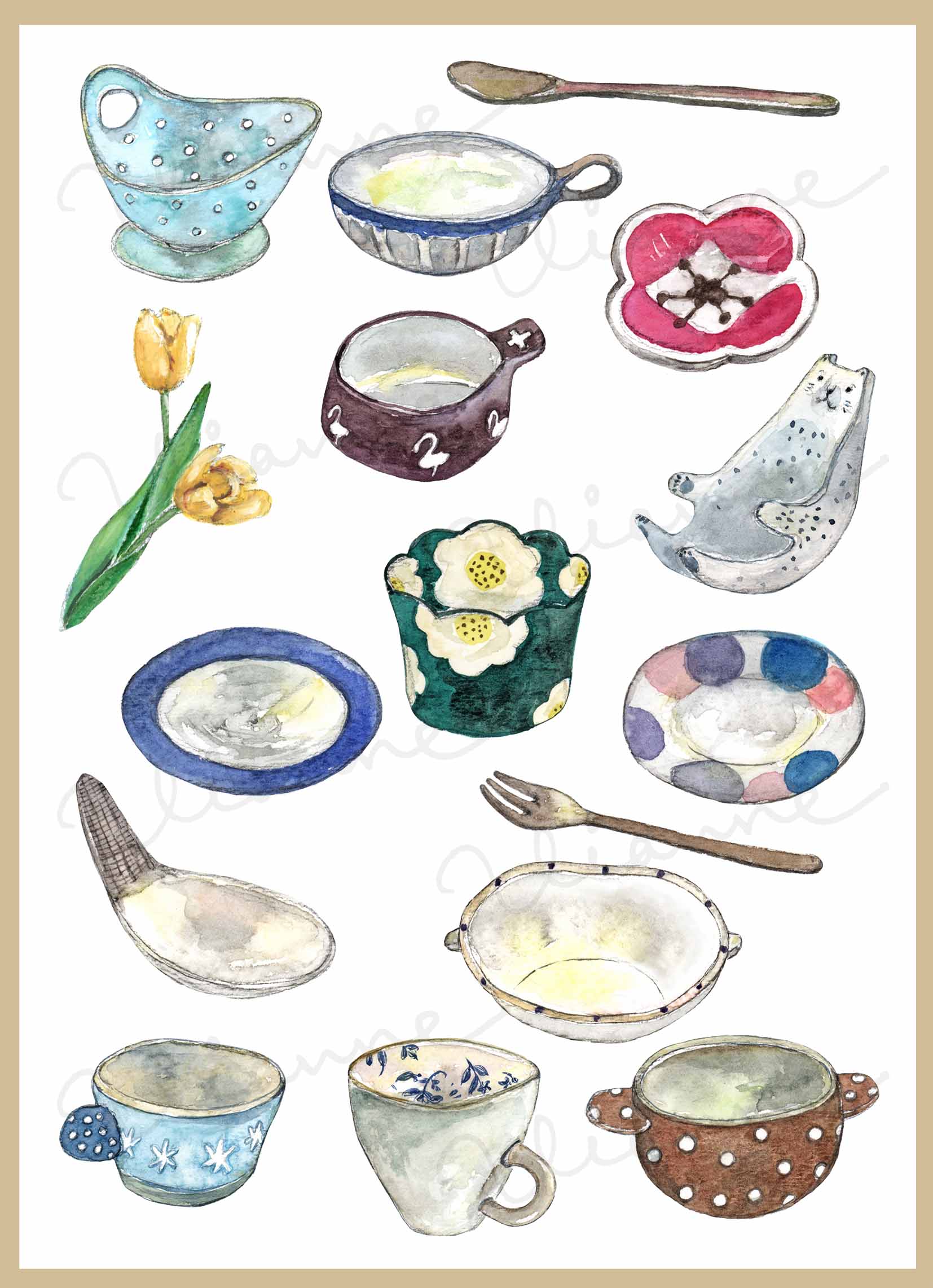 Japanese Small Plates & Mugs Clipart Set