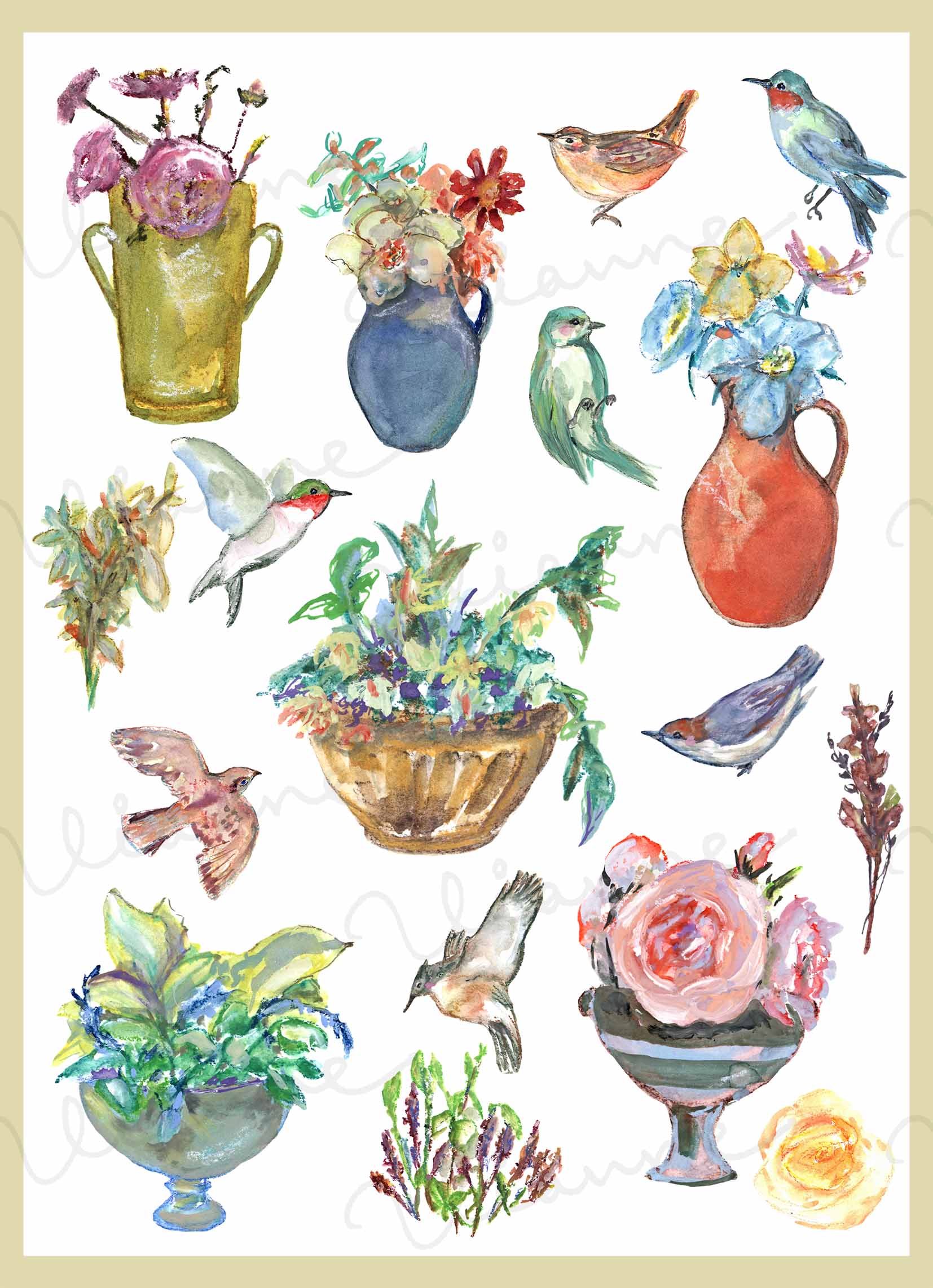 Spring Flowers & Bird Clipart Set