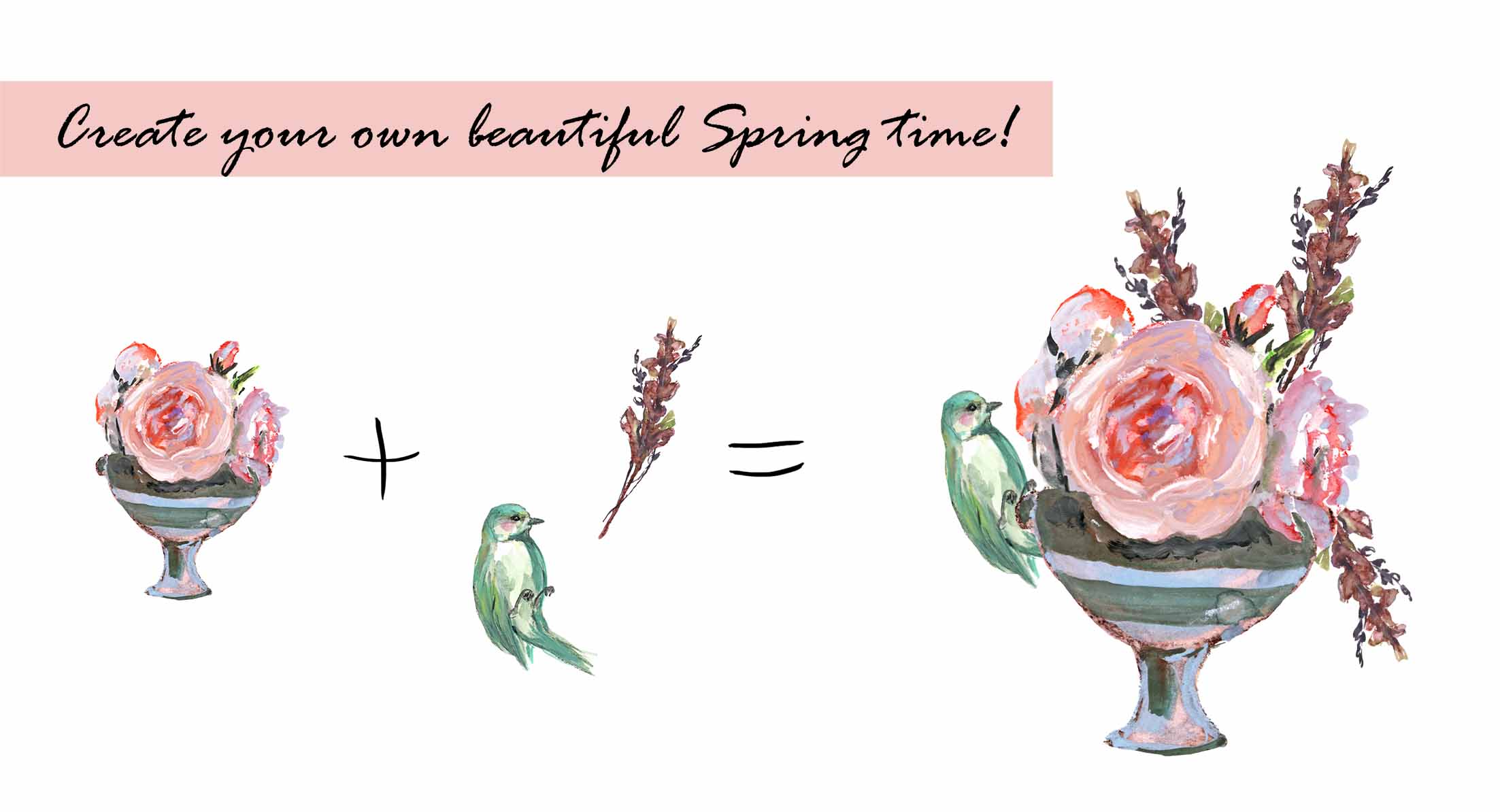 Spring Flowers & Bird Clipart Set