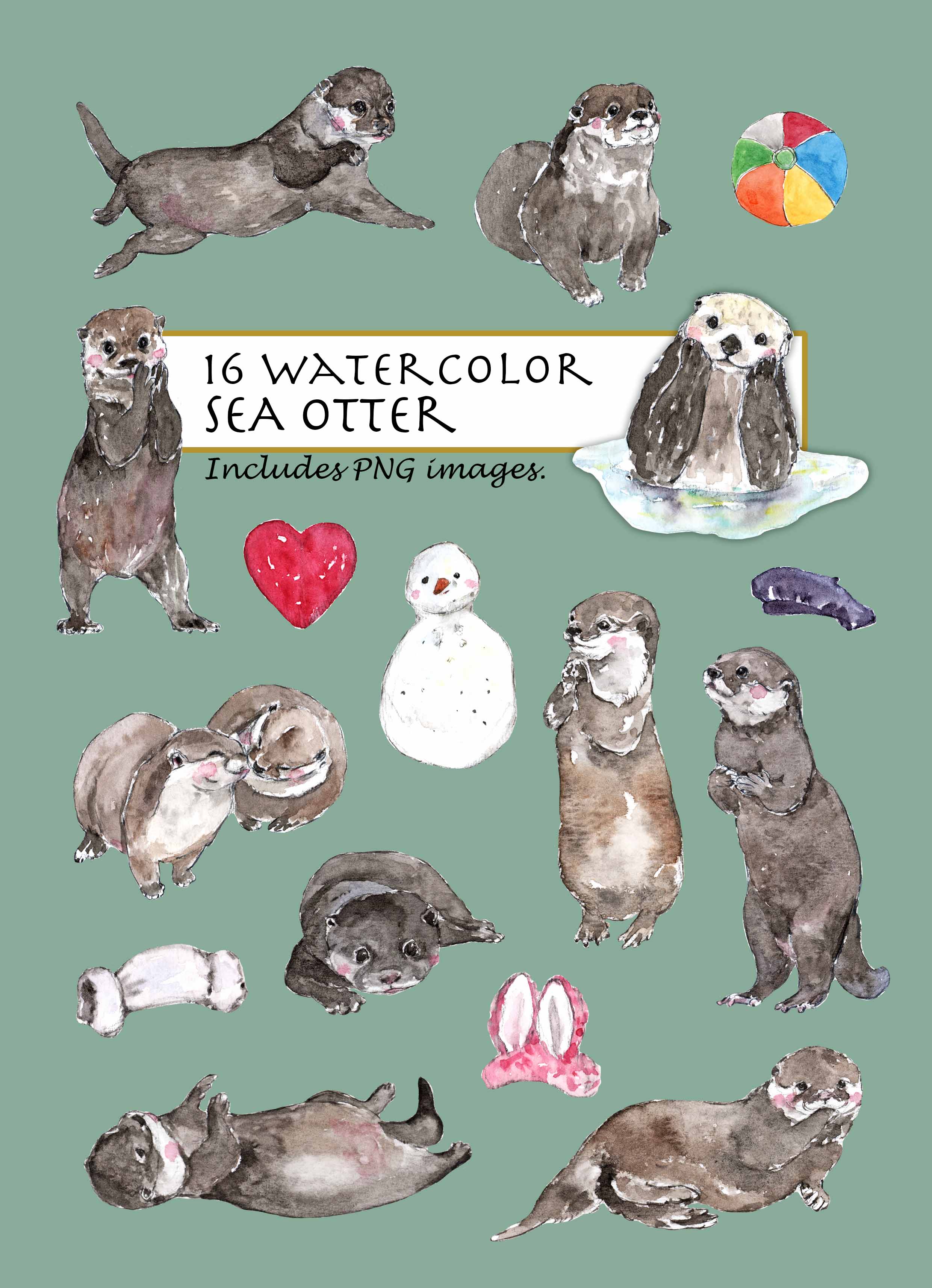 Watercolor Sea Otter Clipart Set