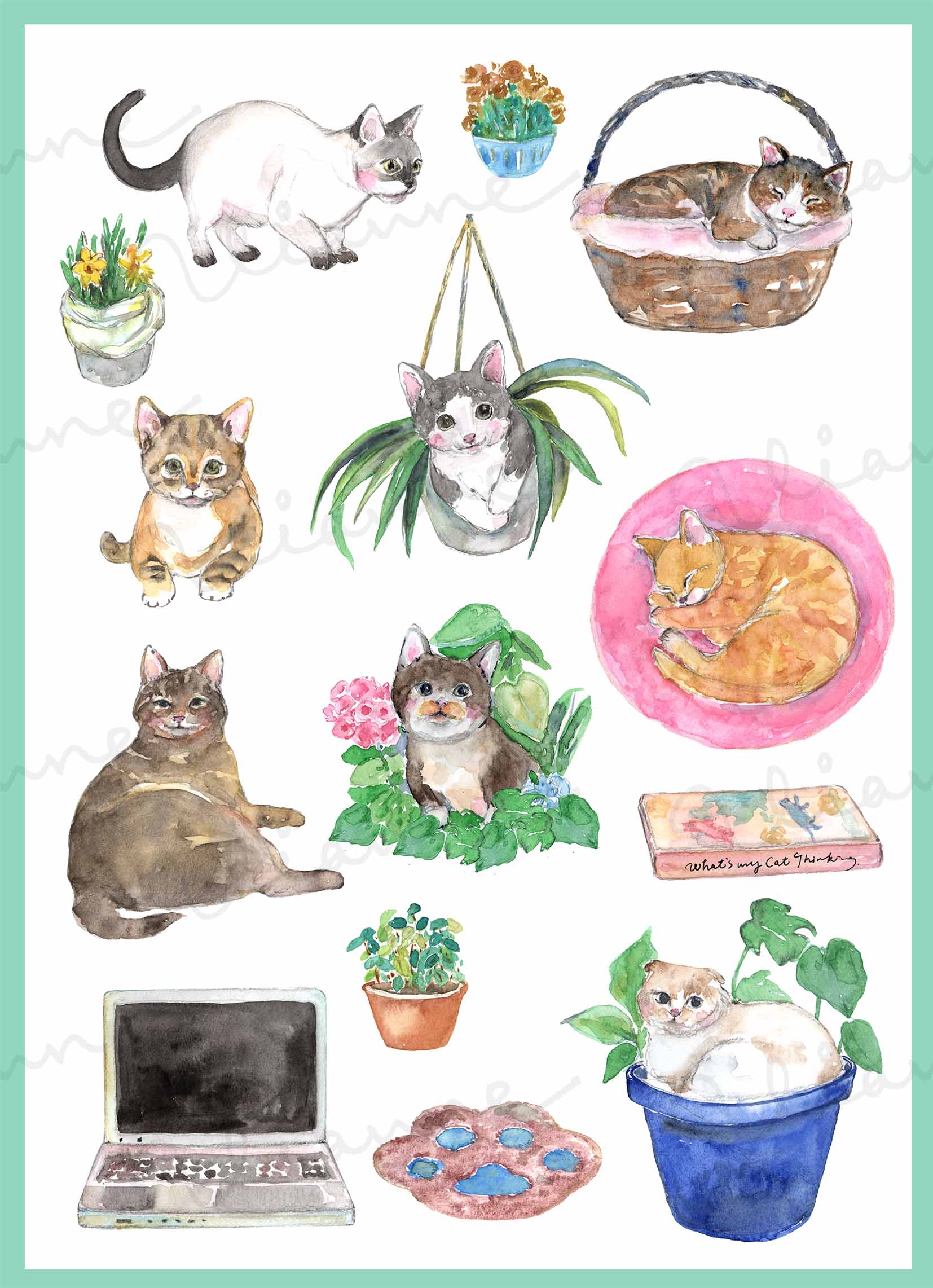 Watercolor Cat's Attitude Set