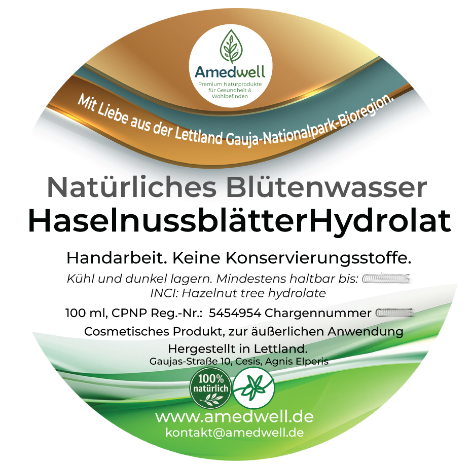 Natürliches Blütenwasser HaselnussblätterHydrolat. 100 ML.