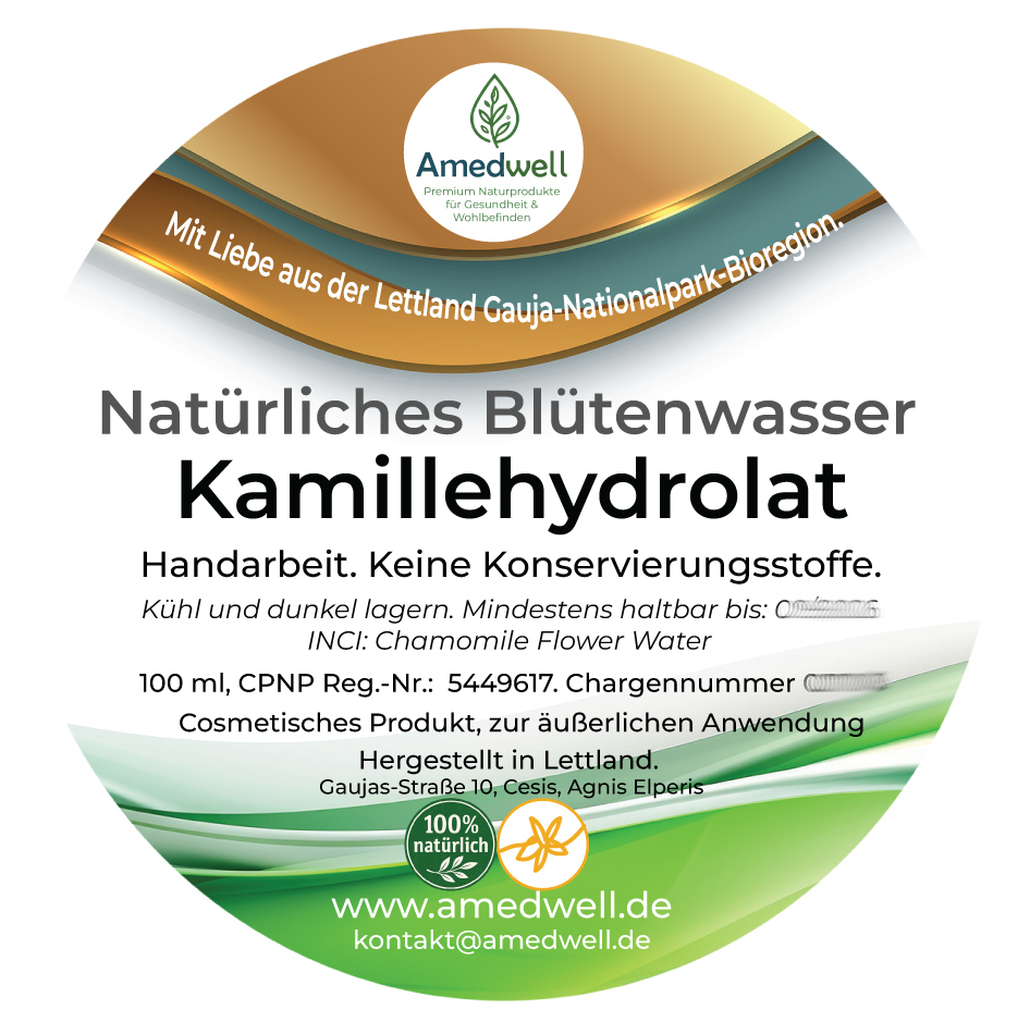 Natürliches Blütenwasser Kamillehydrolat. 100 ML.