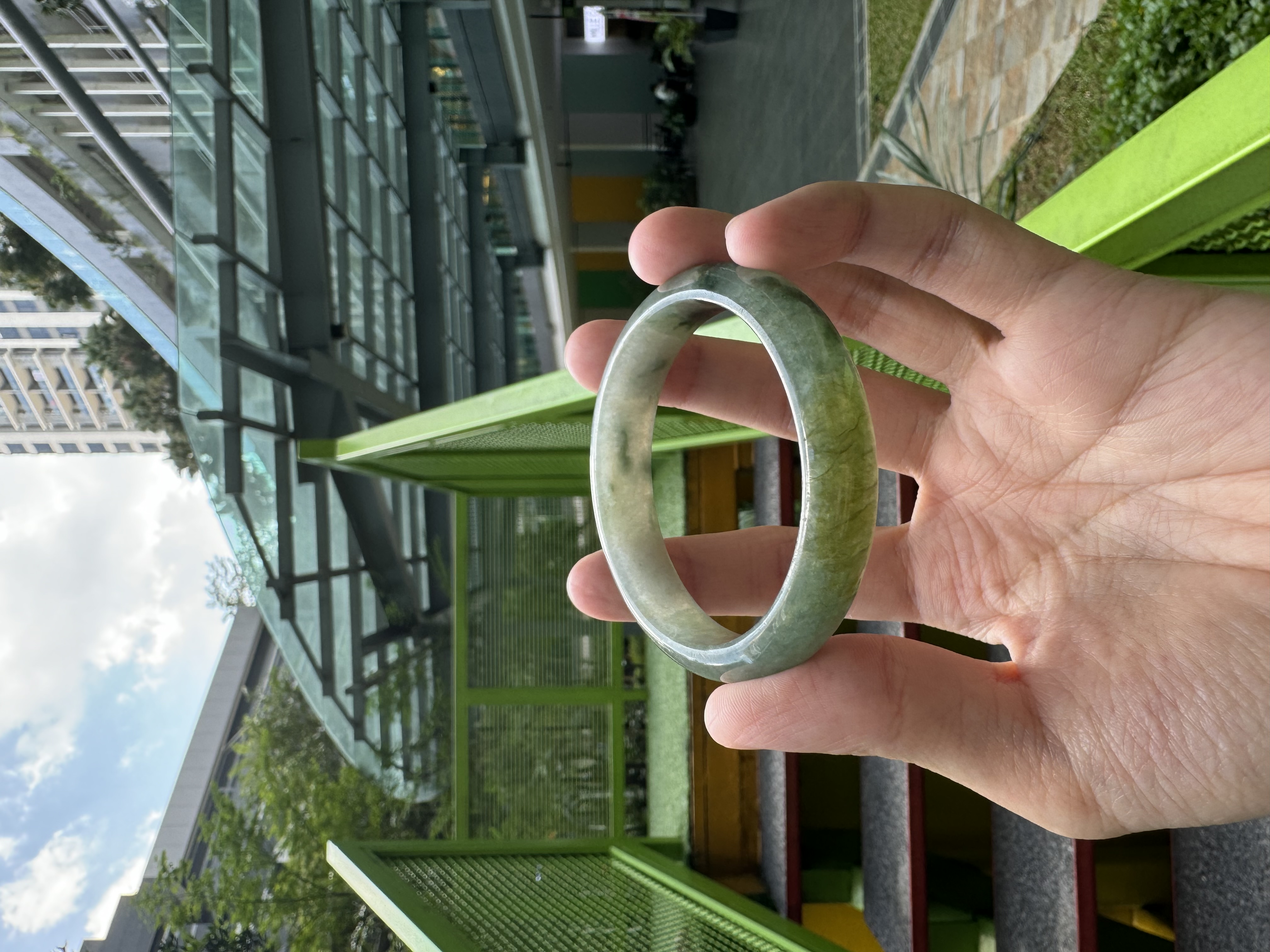 Forest Green with Yellow Oval Jadeite Bangle 51.8mm