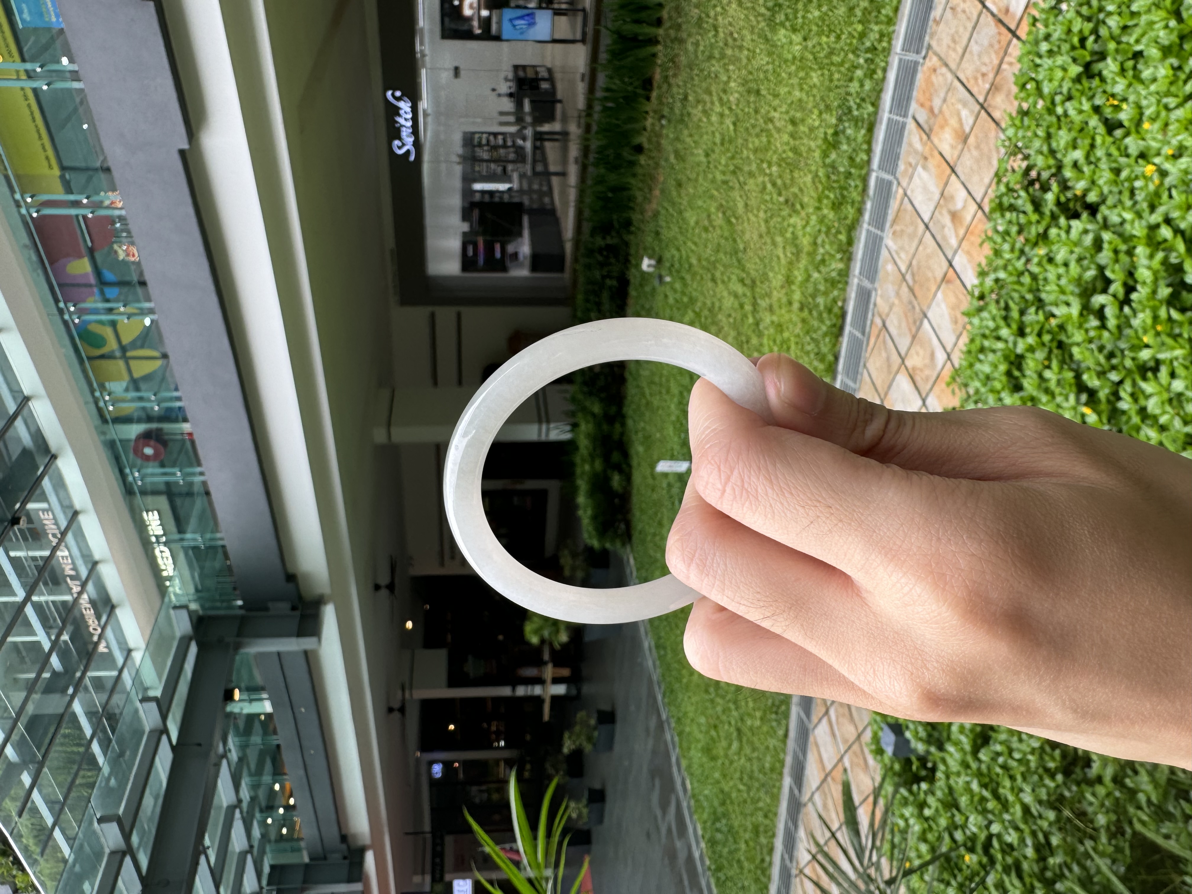Icy White with Green Blooms Jadeite Bangle 52.5mm