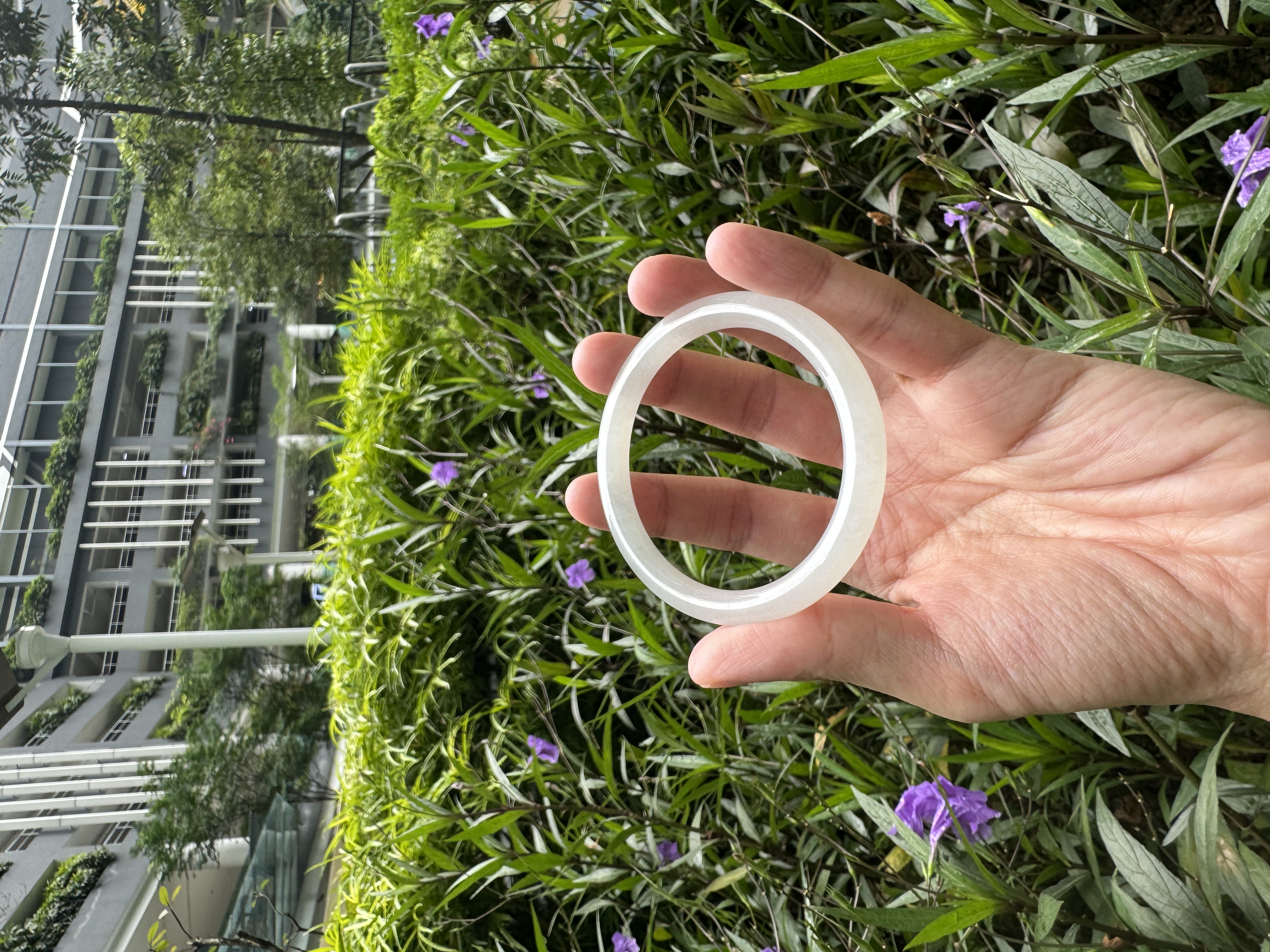 Icy White with Green Blooms Jadeite Bangle 52.5mm