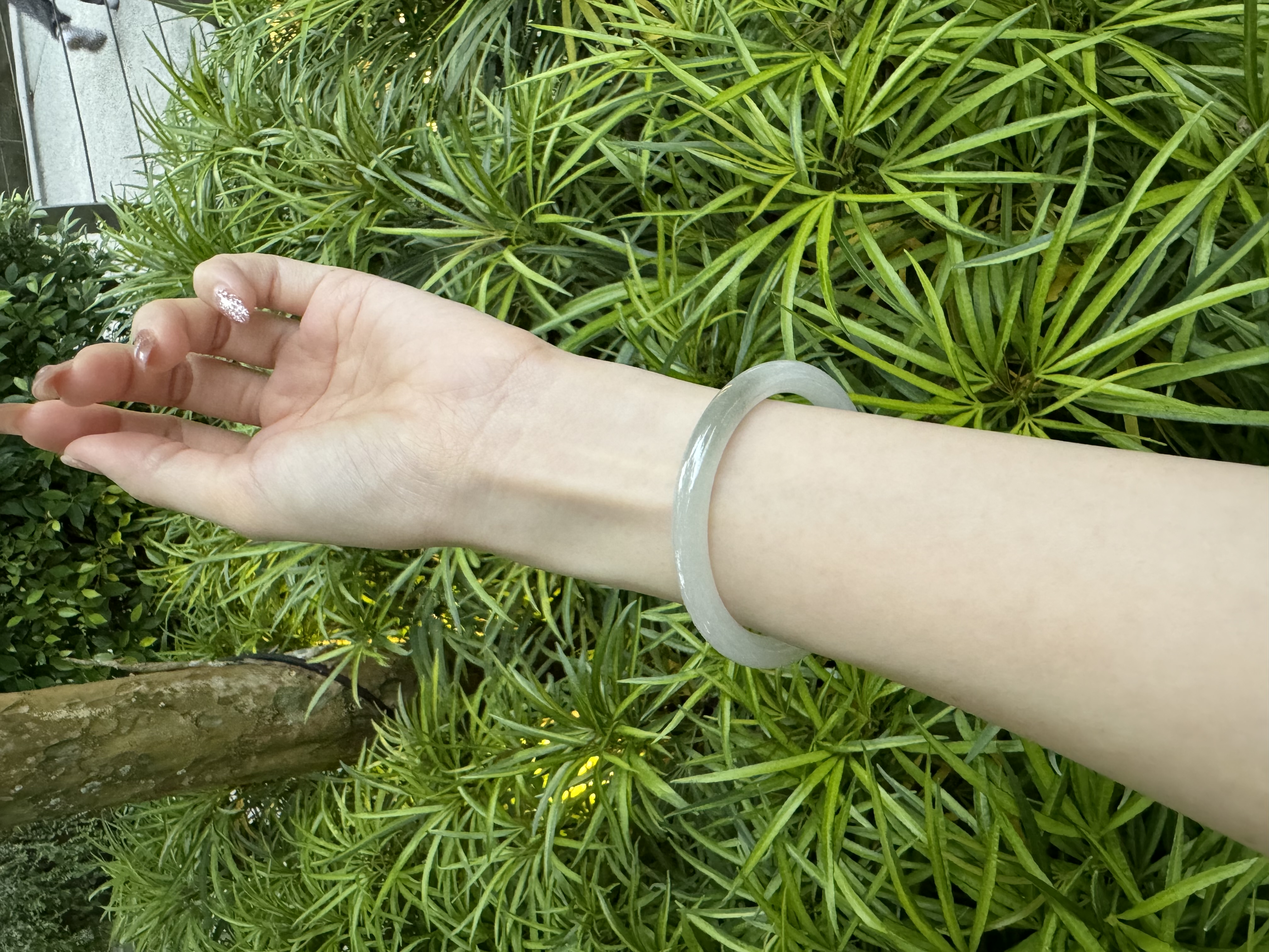 Icy White with Green Blooms Jadeite Bangle 52.5mm