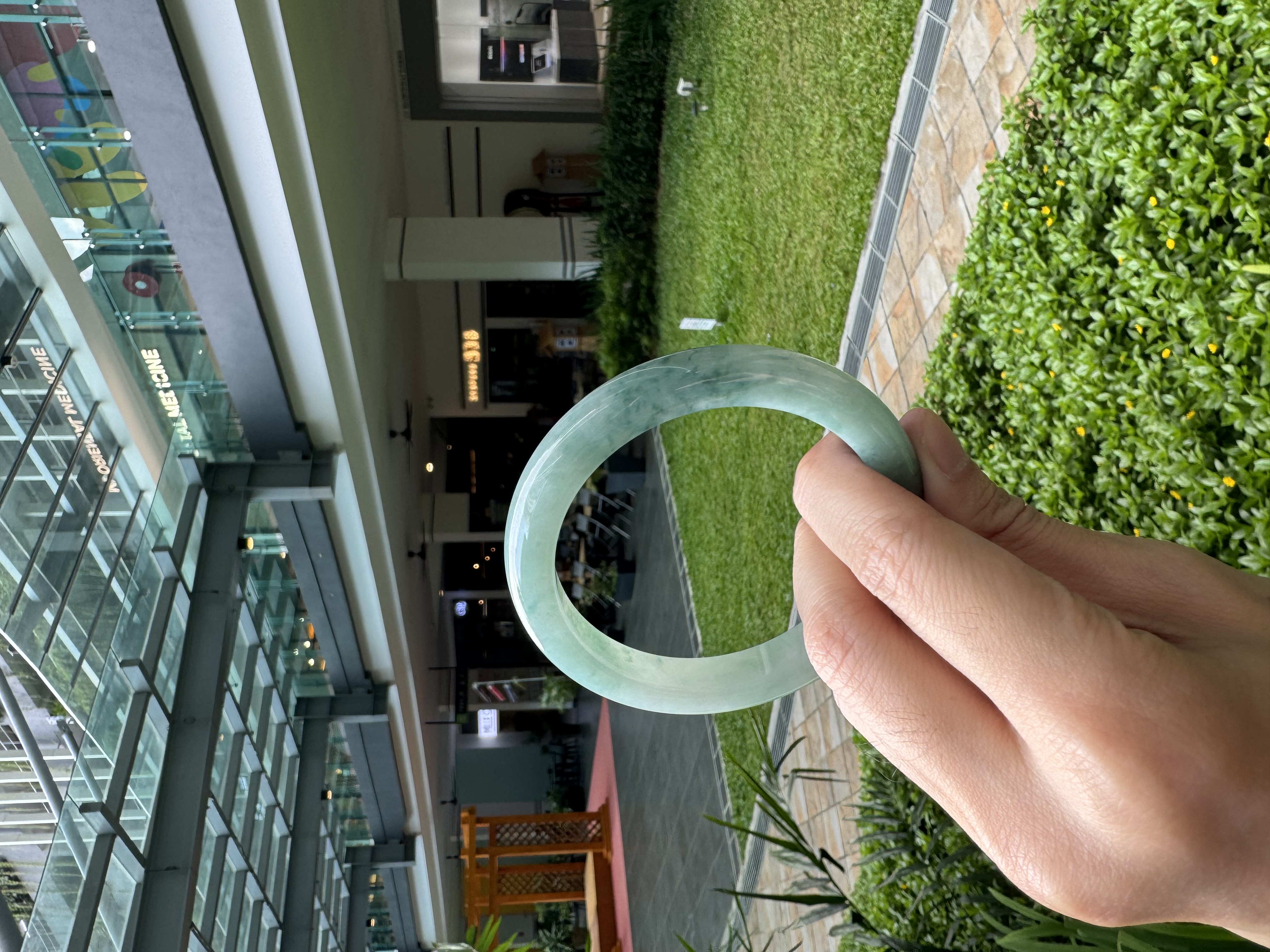 Bluish Green Floral Jadeite Bangle 57mm