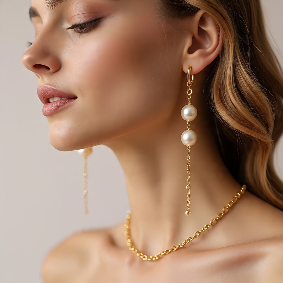 Gold Chain Pearl Drop Earrings