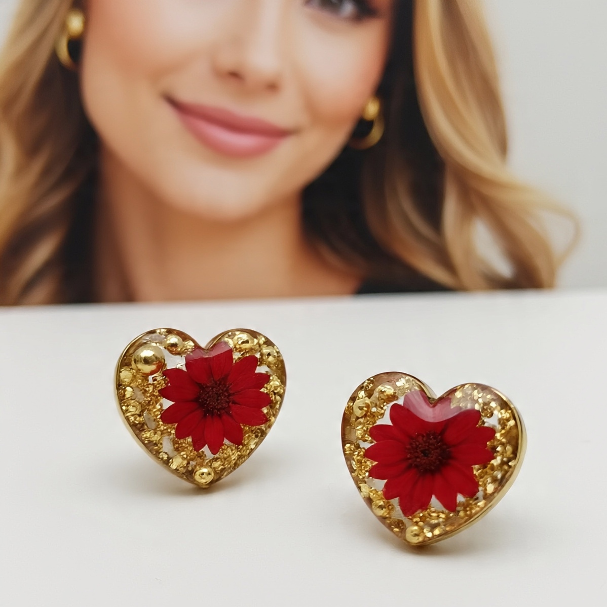 Heart-shaped Red Flower Earrings|Gift For Girl
