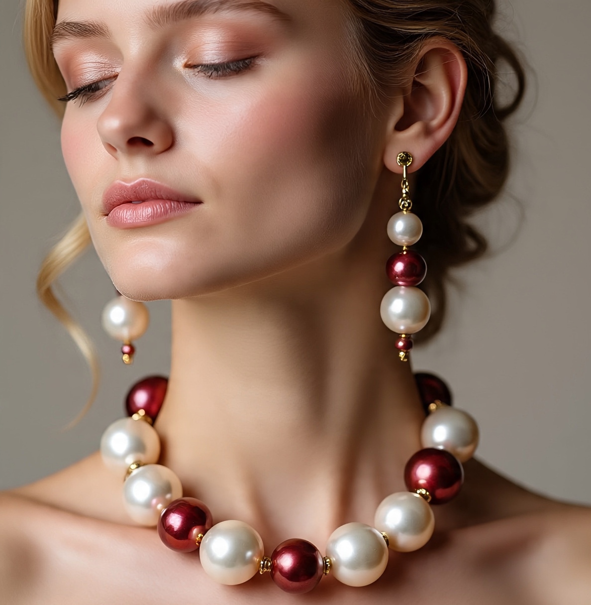 Elegant Pearl and Ruby Bead Jewelry Set