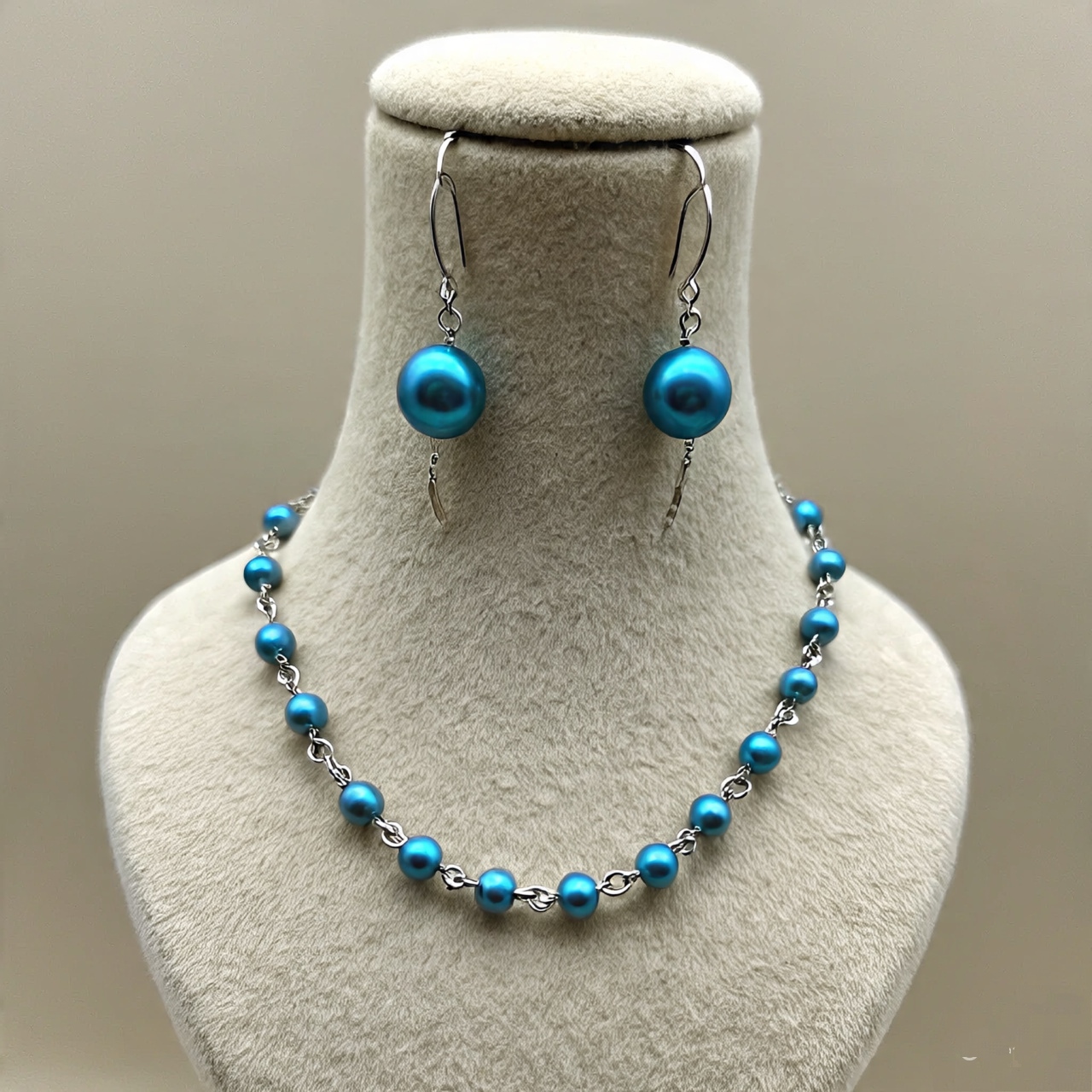 Blue Pearl Necklace and Earrings Set