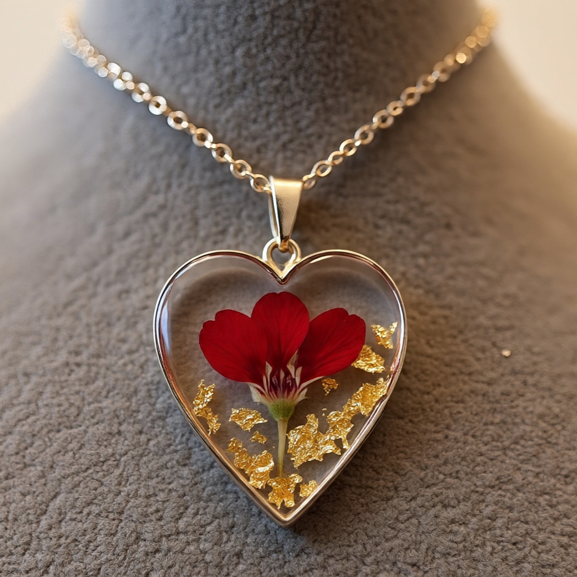 Heart-Shaped Resin Flower Pendant Necklace