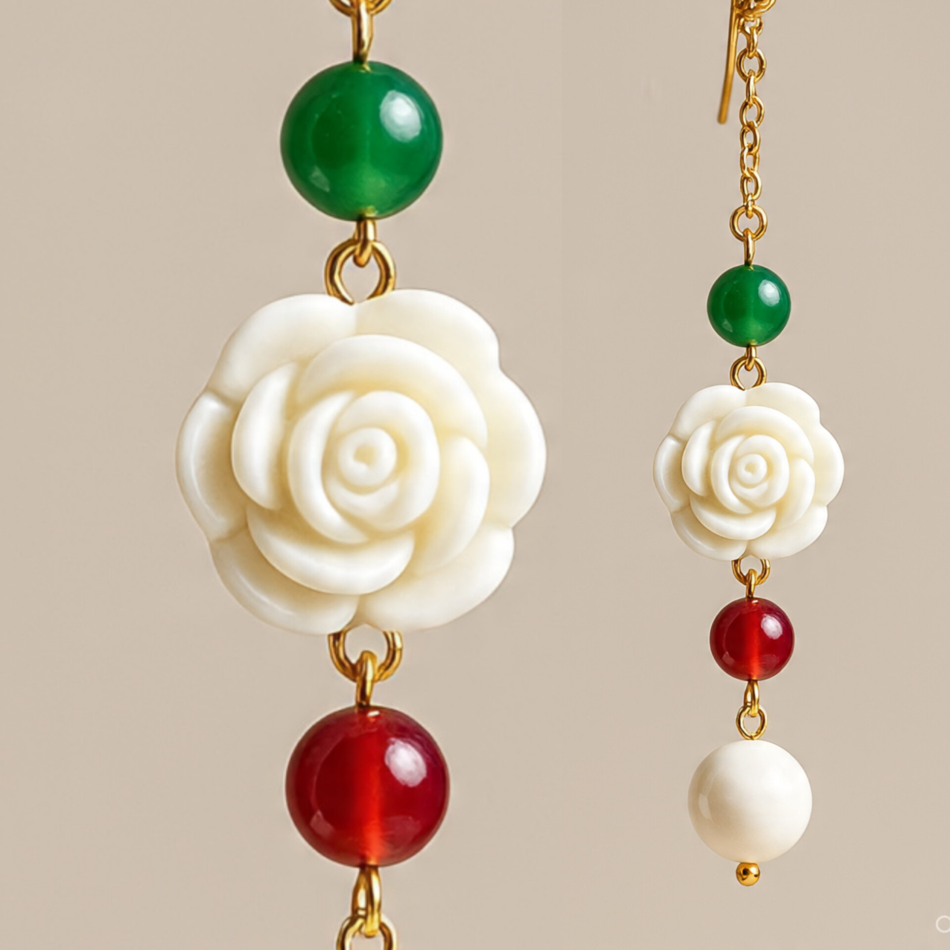 Elegant Rose and Green Bead Earring