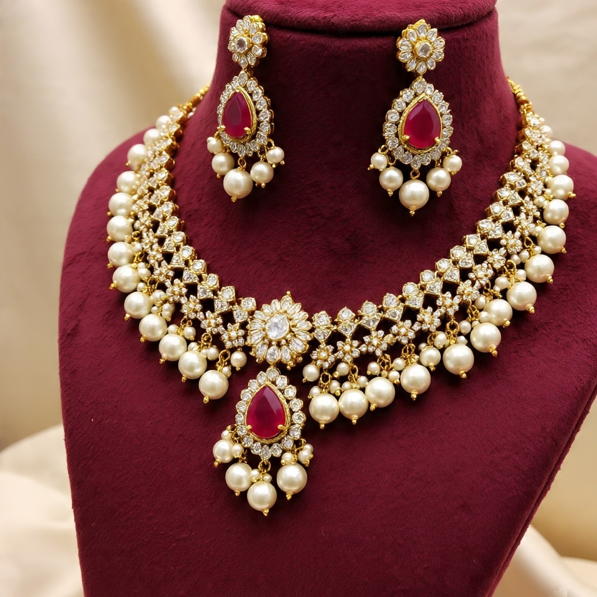 Traditional Pearl and Ruby Necklace Set