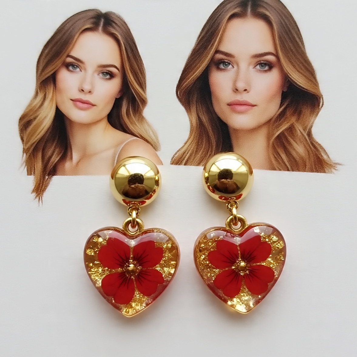 Red Floral Heart rasin-earrings-for-sensitive-ears