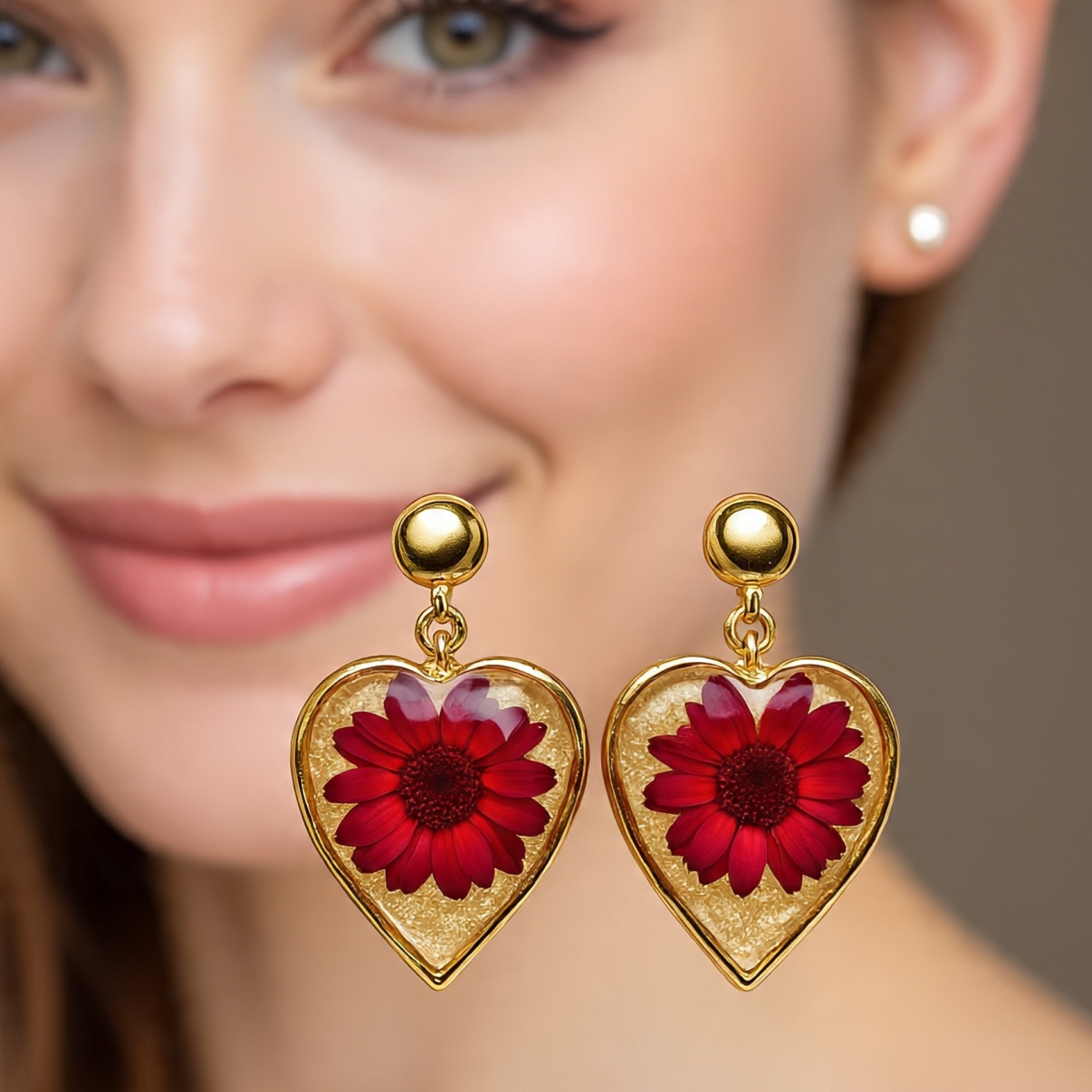 Heart-Shaped Red Flower Earrings