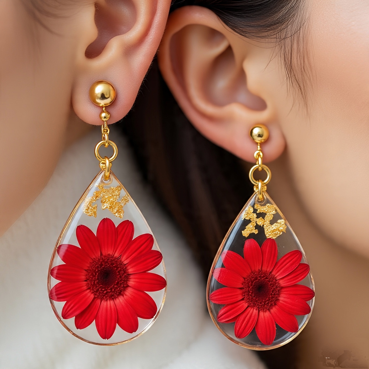 Red Flower Resin Drop Earrings