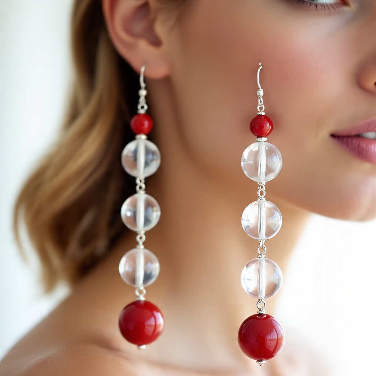 Elegant Red and Clear Bead Drop Earrings