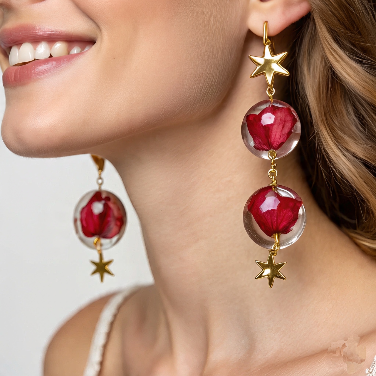 Star and Rose Double Drop Earrings