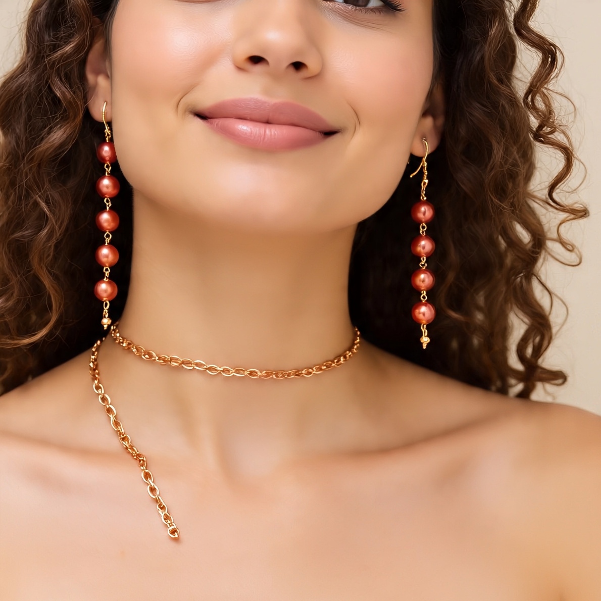 Gold Chain Choker and Beaded Earrings Set