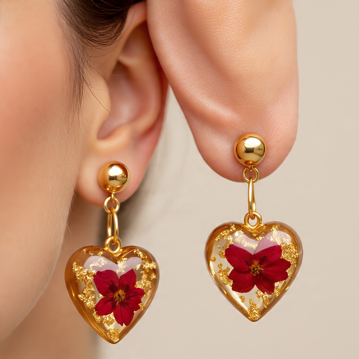 Heart-Shaped Floral Resin Earrings