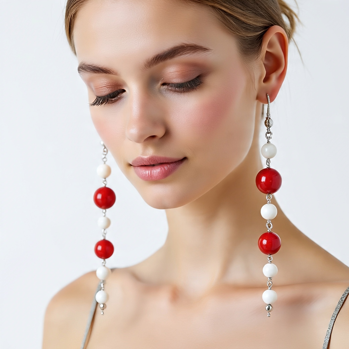Red and White Beaded Dangle Earrings