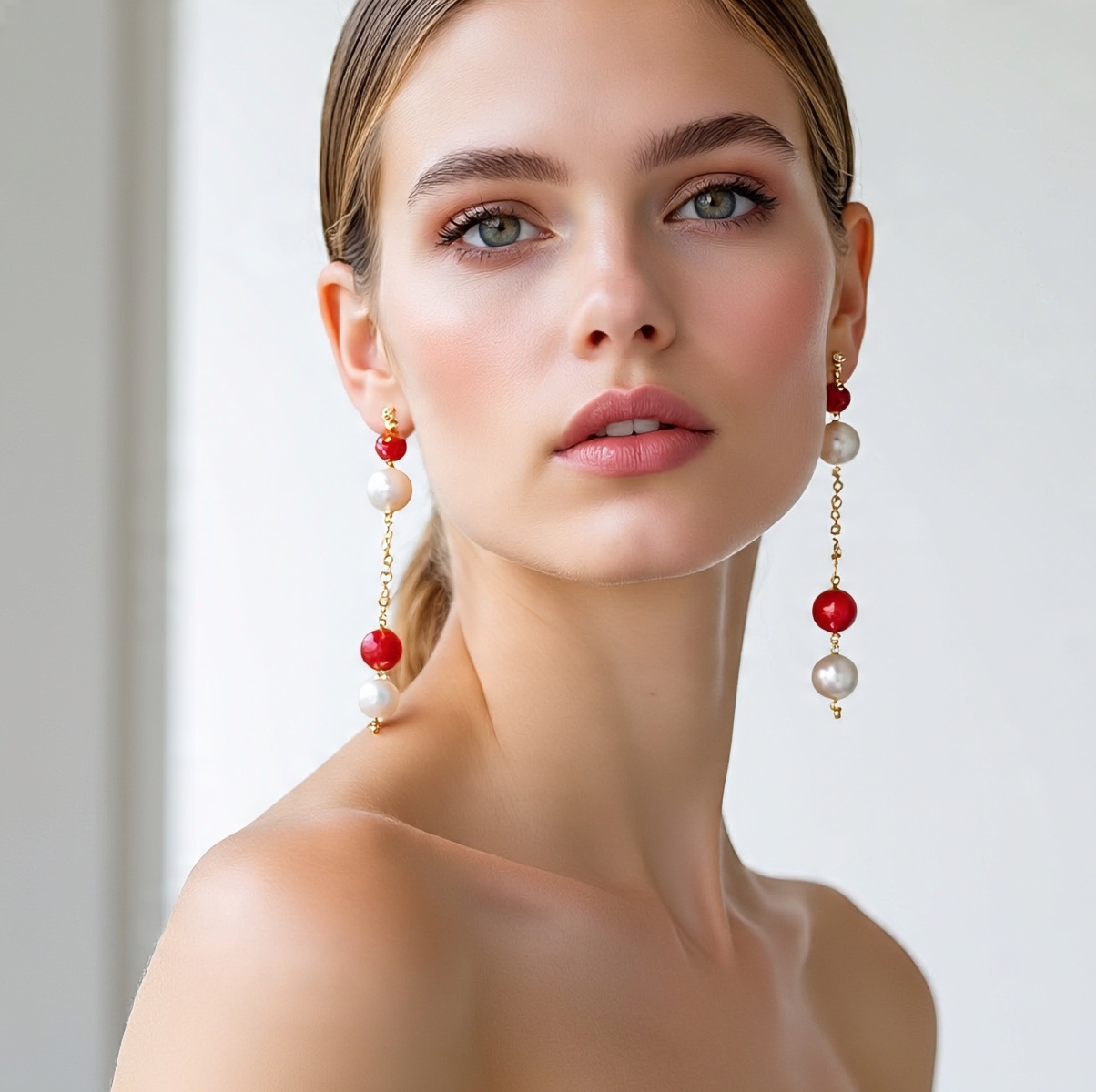 Elegant Pearl and Red Bead Drop Earrings