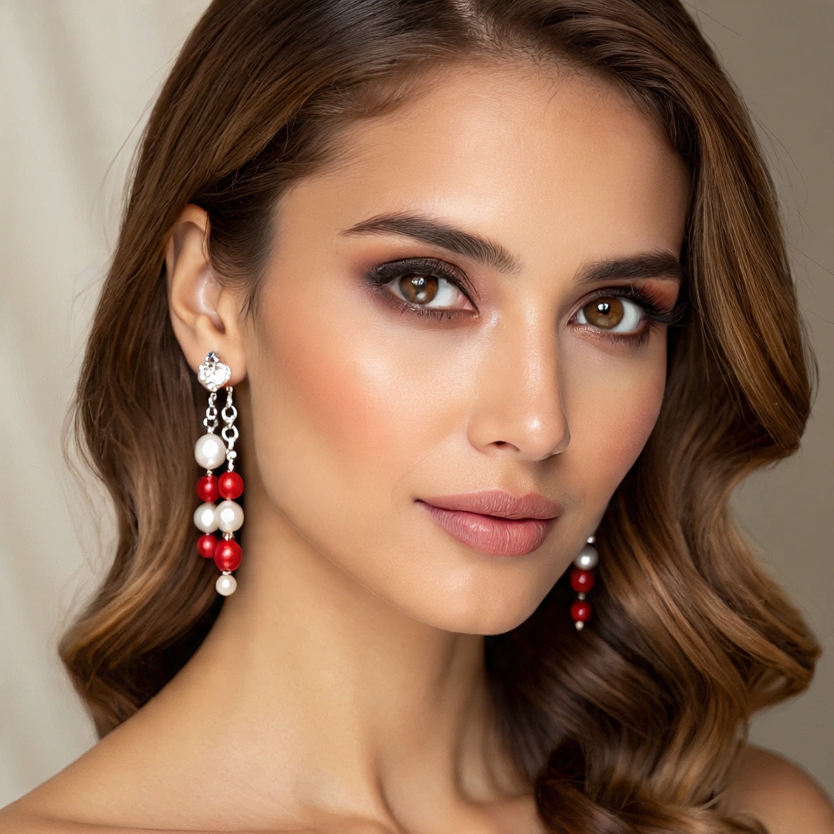 Elegant Pearl and Red Bead Drop Earrings