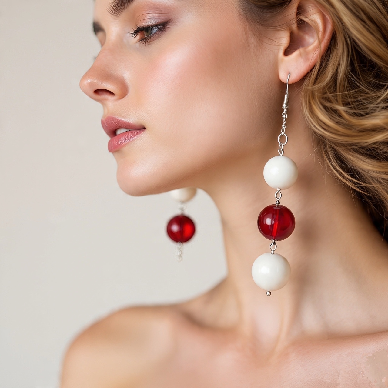 Red and White Beaded Drop Earrings