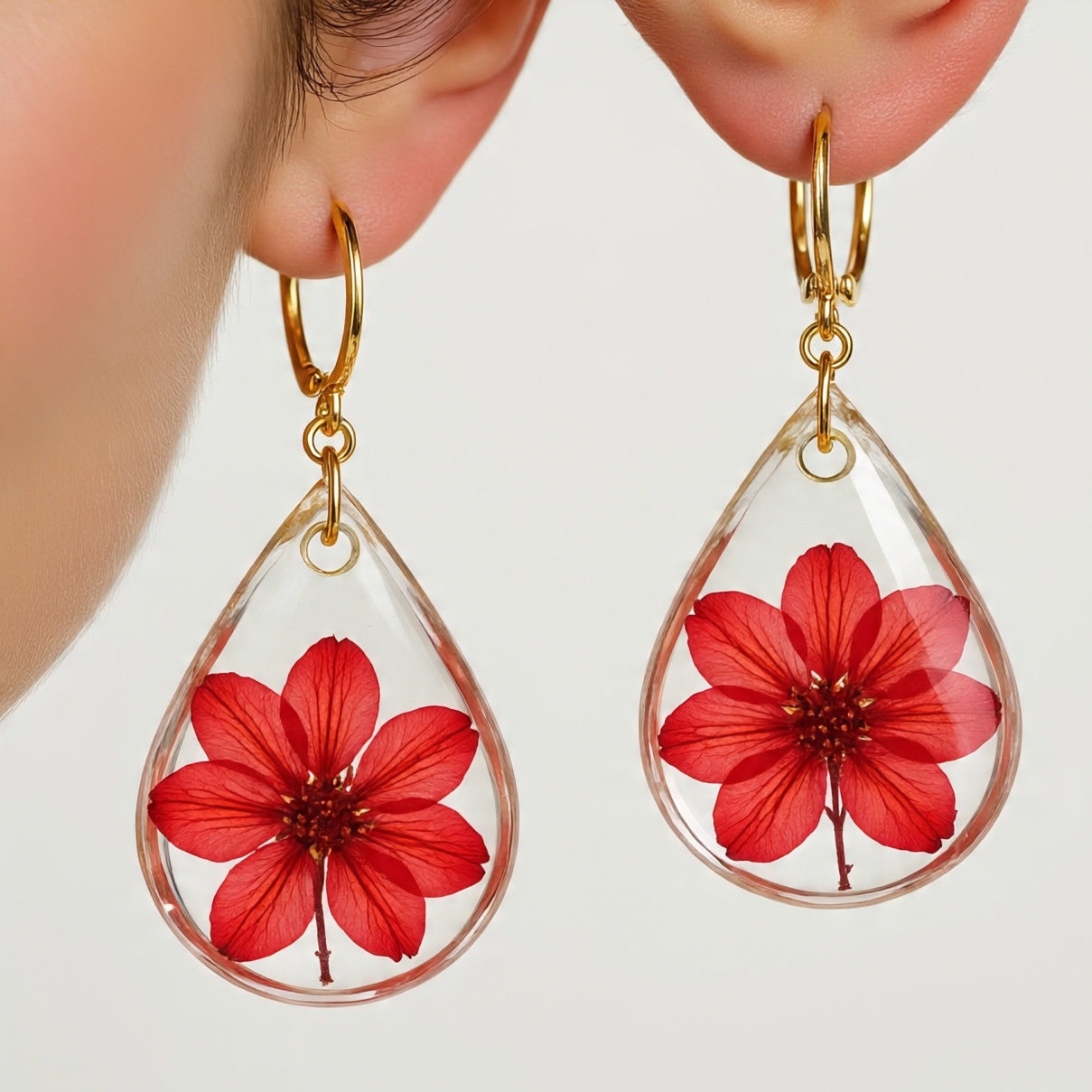 Resin Drop Earrings with Red Flower