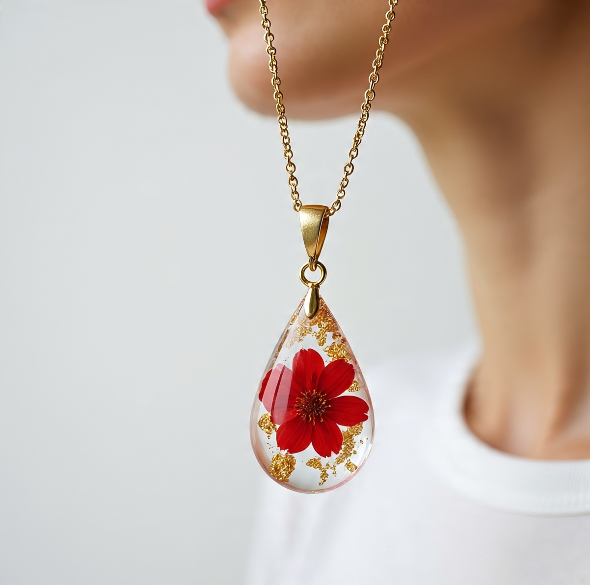 Red Flower Resin Pendant Necklace