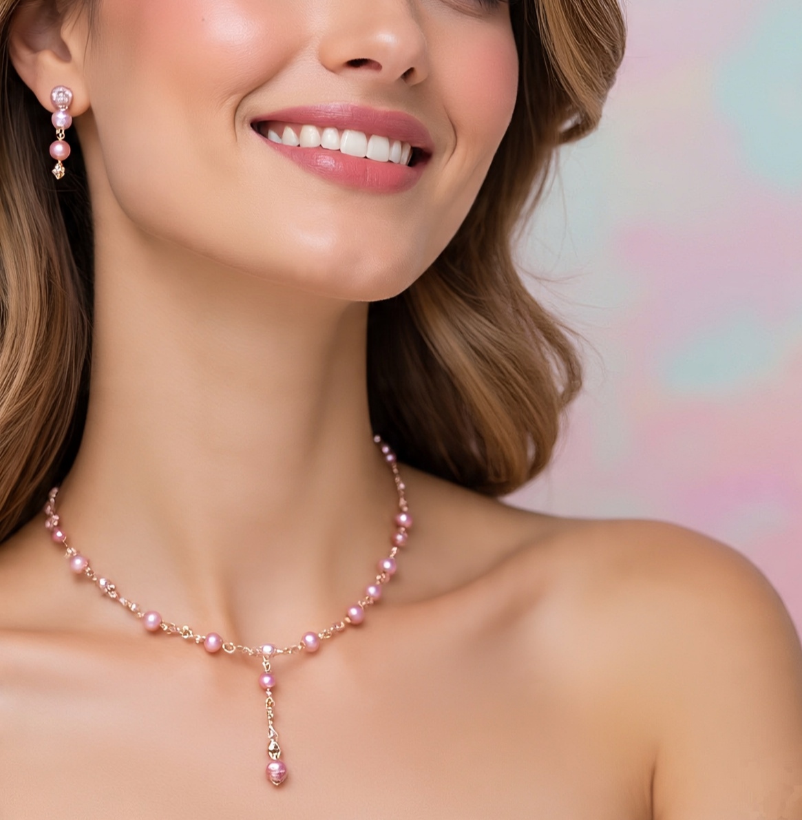 Pink Pearl Necklace and Earring Set